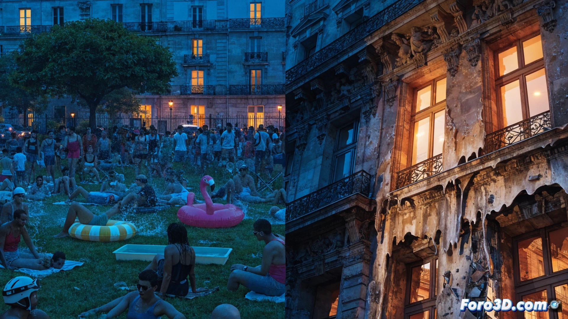 thermal satellite map of France at midnight, urban heat island effect glowing red across Paris, citizens fleeing to public fountains and park benches, handheld infrared thermometers measuring pavement surface temperature, fans and portable coolers scattered on lawns, sweat on skin glistening under dim streetlights, cinematic photorealistic night scene, heat haze distorting distant buildings, warm amber lighting contrasting cool blue shadows, high-angle establishing shot showing entire cityscape simmering, ultra-detailed environmental visualization