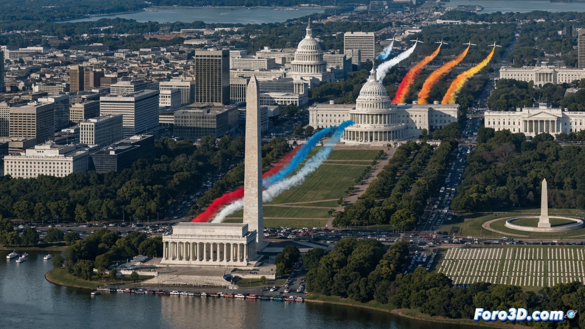 Patrouille de France jets flying over Washington DC National Mall, smoke trails forming blue-white-red arcs across clear sky, aircraft crossing above Lincoln Memorial reflecting pool, wingtip vortices visible against sunlight, precise formation geometry demonstrated during flyover, Arlington Cemetery in background, cinematic aviation photography style, dramatic lens flare on metallic fuselages, contrails tracing flight path, photorealistic aerial view with crisp cloud details, warm golden hour lighting enhancing aircraft silhouettes