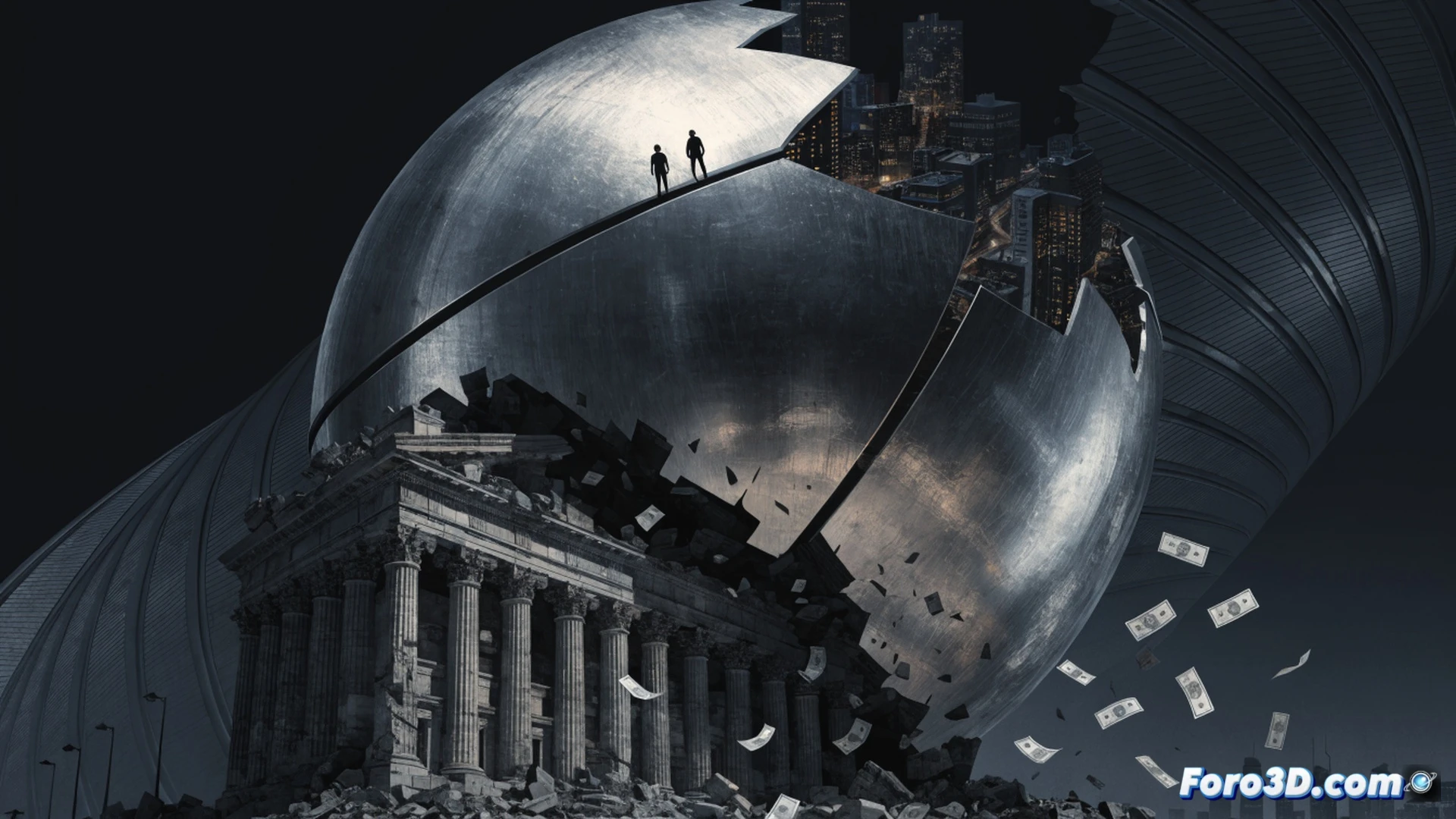 French government building facade with a massive digital debt counter display showing rising numbers, a stylized Eiffel Tower shadow falling across crumbling financial charts, citizens walking past with empty wallets and shrinking shopping bags, cinematic photorealistic visualization, dramatic storm clouds gathering overhead, cracked euro coin symbol on the ground, cold blue and grey color palette, hyper-detailed architectural elements, economic collapse metaphor, technical financial illustration style