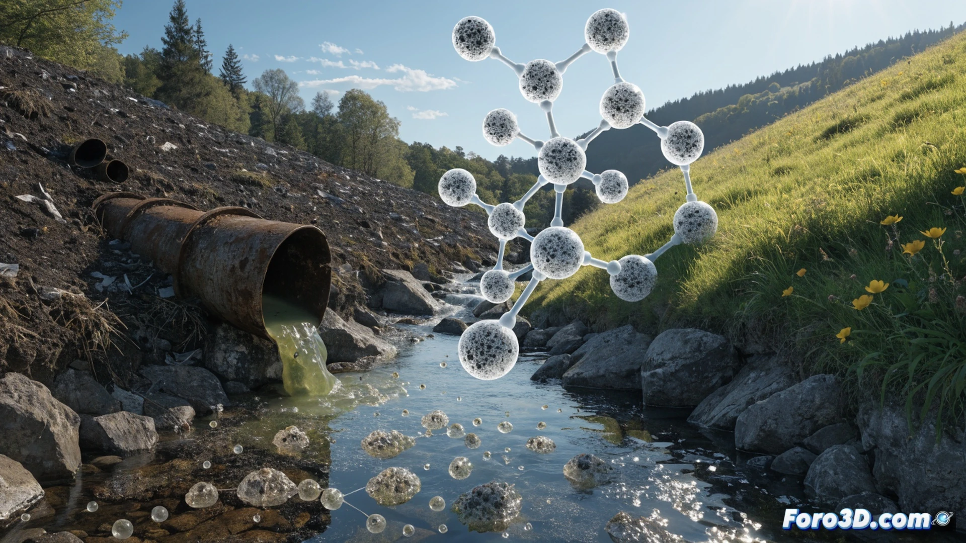 Aerial crop duster releasing fine mist over green fields, translucent PFAS chemical droplets drifting beyond target area into nearby river and soil, contaminated water table shown as glowing subsurface layer, cinematic photorealistic environmental visualization, toxic particles highlighted with neon warning colors, farm tractor spraying pesticide in background, dramatic overcast lighting, ultra-detailed agricultural landscape, realistic pollution dispersion patterns, urgent ecological documentary style