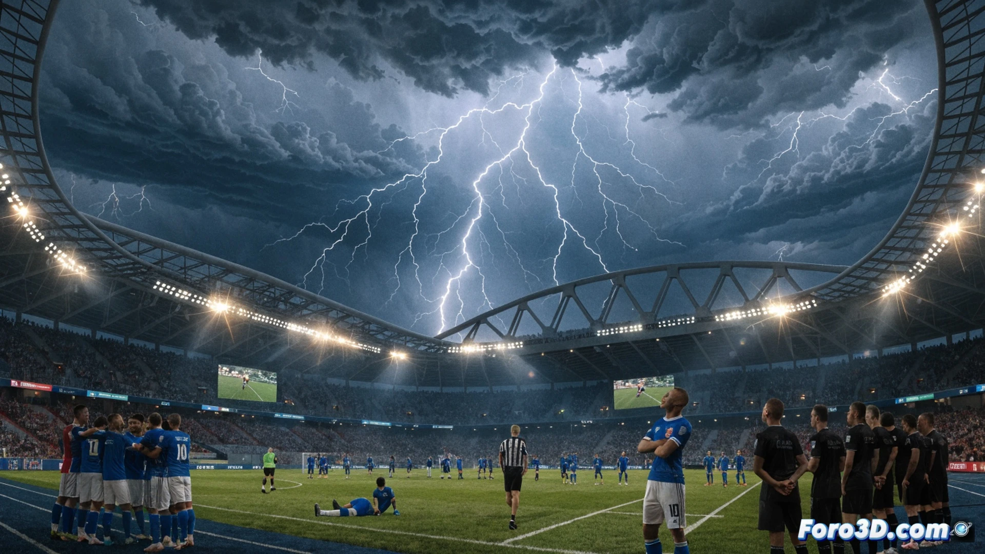 French national football team players celebrating on a rain-soaked pitch, stadium floodlights illuminating water droplets mid-air, electronic scoreboard showing 3-0, Kylian Mbappé in motion kicking a ball with visible impact dynamics, grass blades and mud splashing, thunderstorm clouds darkening the sky, lightning bolts in background, crowd stands half-empty due to weather delay, instant replay holographic overlay showing goal trajectory lines, cinematic sports photography style, dramatic chiaroscuro lighting, high-speed freeze-frame action, photorealistic match photography, ultra-detailed player expressions and wet uniforms