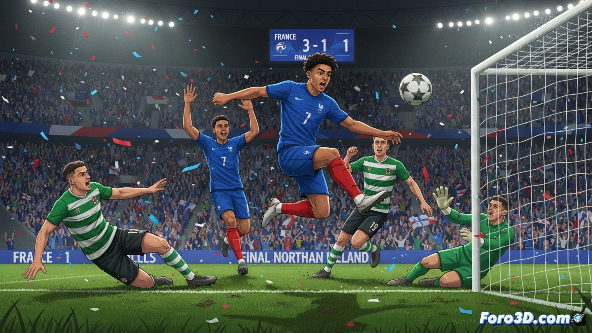 Michael Olise striking a football with his right foot, ball mid-air curving toward the goal, three separate ball trajectories glowing with motion trails showing hat-trick sequence, Stade de France stadium background with floodlights, green pitch, French national team blue jerseys, Irish defenders lunging unsuccessfully, goal net rippling behind goalkeeper diving, cinematic sports photography style, dramatic low-angle shot, high-speed shutter freeze effect, realistic stadium lighting, ultra-detailed player expressions and jersey fabric textures, photorealistic technical render
