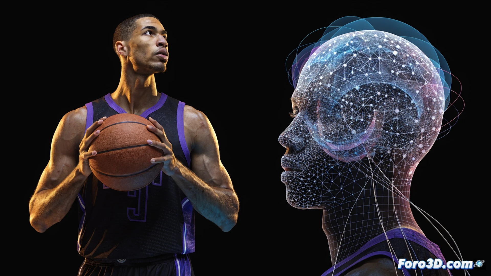 NBA player mid-stride on illuminated court, 3D wireframe overlay tracing body mechanics, glowing trajectory lines from feet and hands showing anticipatory movement, basketball slightly ahead of defender, translucent digital grid mapping spatial awareness, technical engineering visualization, motion analysis software interface elements floating around figure, cinematic volumetric lighting, blue and amber neon accents, photorealistic human anatomy with semi-transparent skeletal and muscular layers visible, dynamic pose demonstrating pre-emptive step, ultra-detailed court texture, realistic subsurface scattering on skin, dramatic low-angle shot