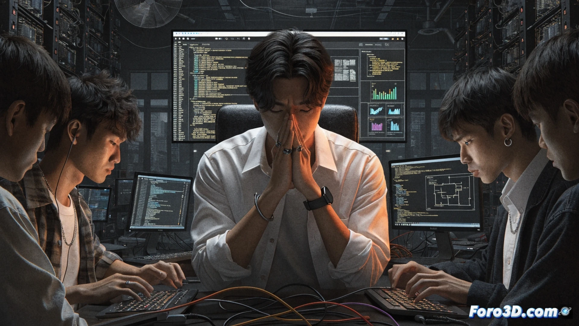 Investigador forense digital examinando pantalla de computadora mostrando logs de transacciones fraudulentas de PayPal, cuatro laptops Lenovo apiladas sobre escritorio, flechas rojas de conexión entre cuentas bancarias de Singapur, interfaz de portal bancario con alertas de seguridad, manos esposadas de perfil en primer plano, estación de policía al fondo con luces azules tenues, estilo cinematográfico fotorrealista, iluminación dramática de alto contraste, texturas metálicas de hardware y plástico de equipos, ambiente de sala de interrogatorios con sombras alargadas