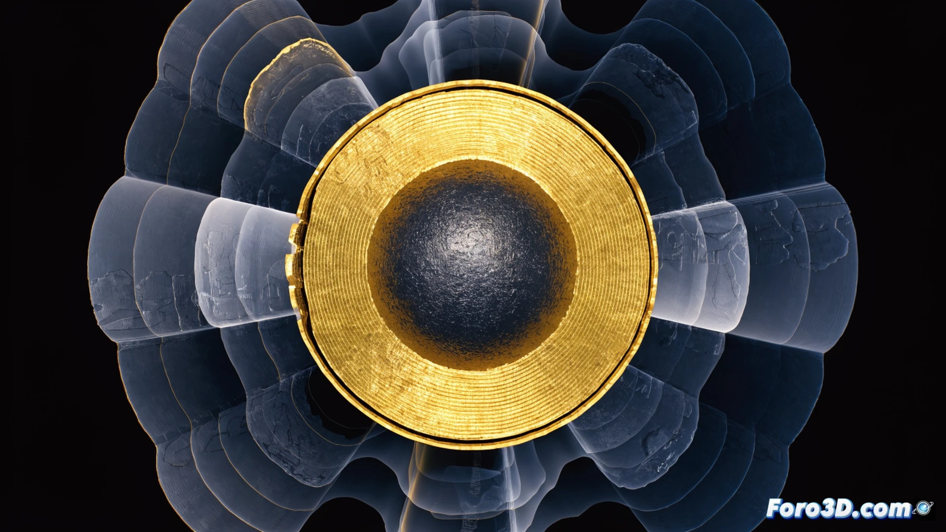 3D tomographic scanner actively analyzing a gold coin with exposed tungsten core, cross-section view showing dense metal layers, X-ray beam penetrating the coin while software interface displays volumetric density map in background, tungsten inner cylinder clearly contrasting with gold outer shell, technical engineering visualization, metallic surfaces reflecting harsh industrial lighting, realistic material textures, precise geometric cutaway revealing fraud, cinematic photorealistic render, ultra-detailed scanning equipment with rotating stage