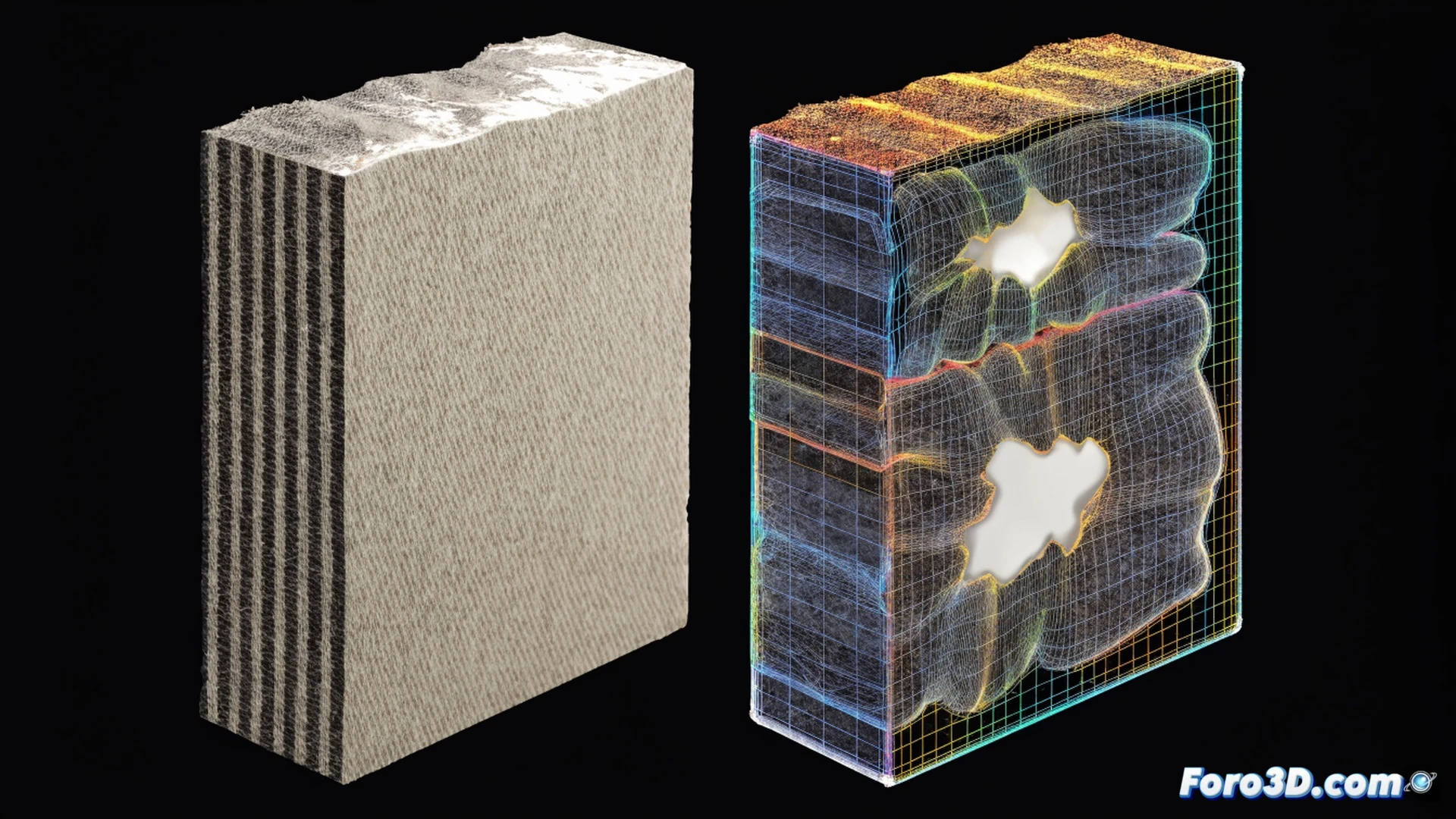 cross-section of ballistic armor plate showing internal aramid layers with hidden low-density resin pockets, CT scanning process in action, 3D analysis software interface displaying anomaly detection in false-color overlay, robotic arm positioning the plate inside industrial CT scanner, engineering visualization style, metallic surfaces with carbon fiber texture, glowing blue scan lines passing through the plate, translucent layers revealing hidden defects, photorealistic technical render, dramatic dark background with subtle rim lighting, ultra-detailed fiber weave patterns visible in cutaway view