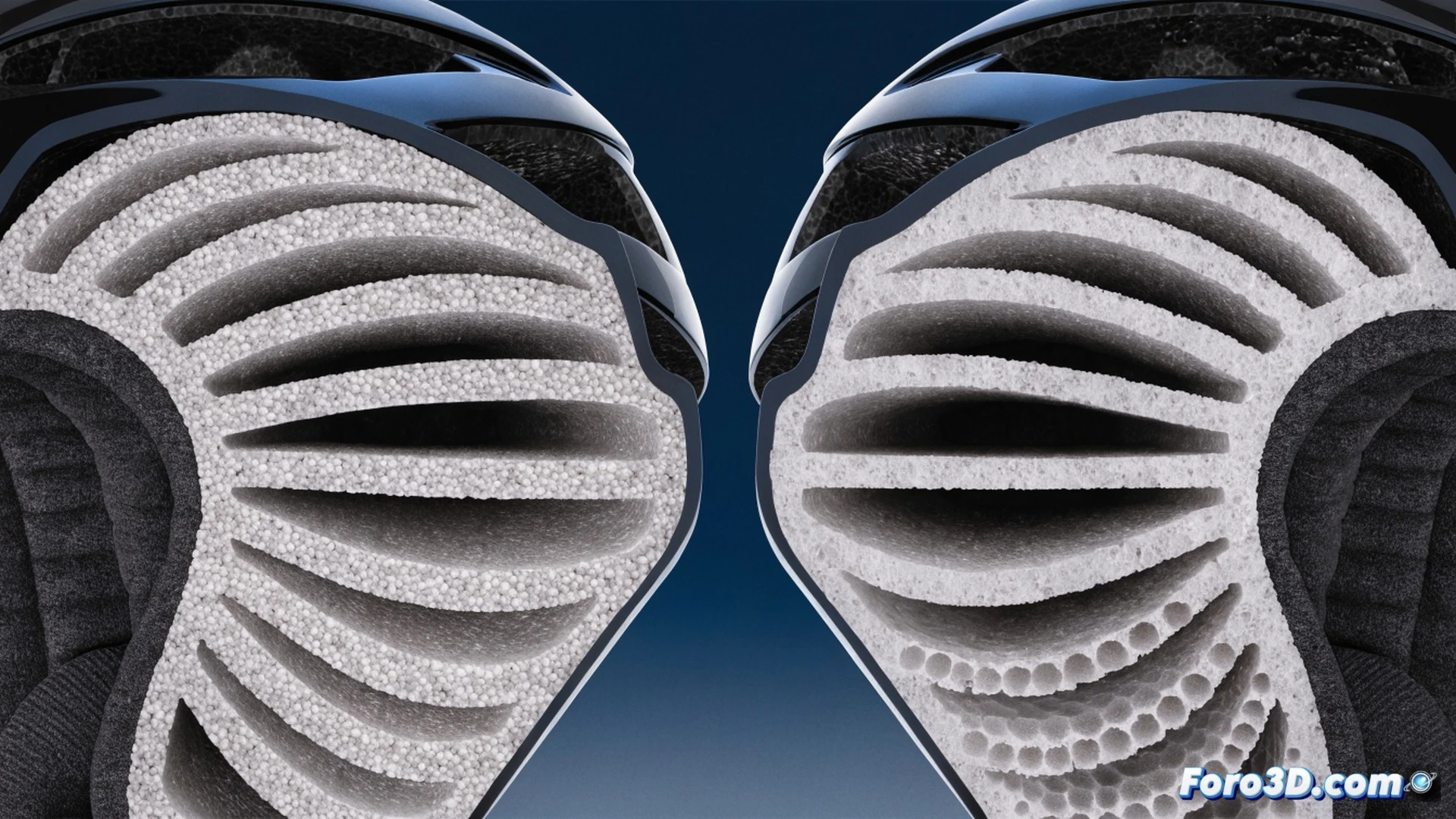 cross-section view of a bicycle helmet being tested in a quality control lab, EPS foam density measurement showing irregular cell structure under a scanning electron microscope, technician pointing at fraudulent low-density zones on a digital display, fractured helmet shell during impact simulation test, cracked inner foam with visible voids, calibrated compression testing machine pressing down on the helmet, safety certification hologram peeling off with tampering marks, cold blue industrial lighting, metallic lab equipment, precise engineering visualization, photorealistic technical illustration