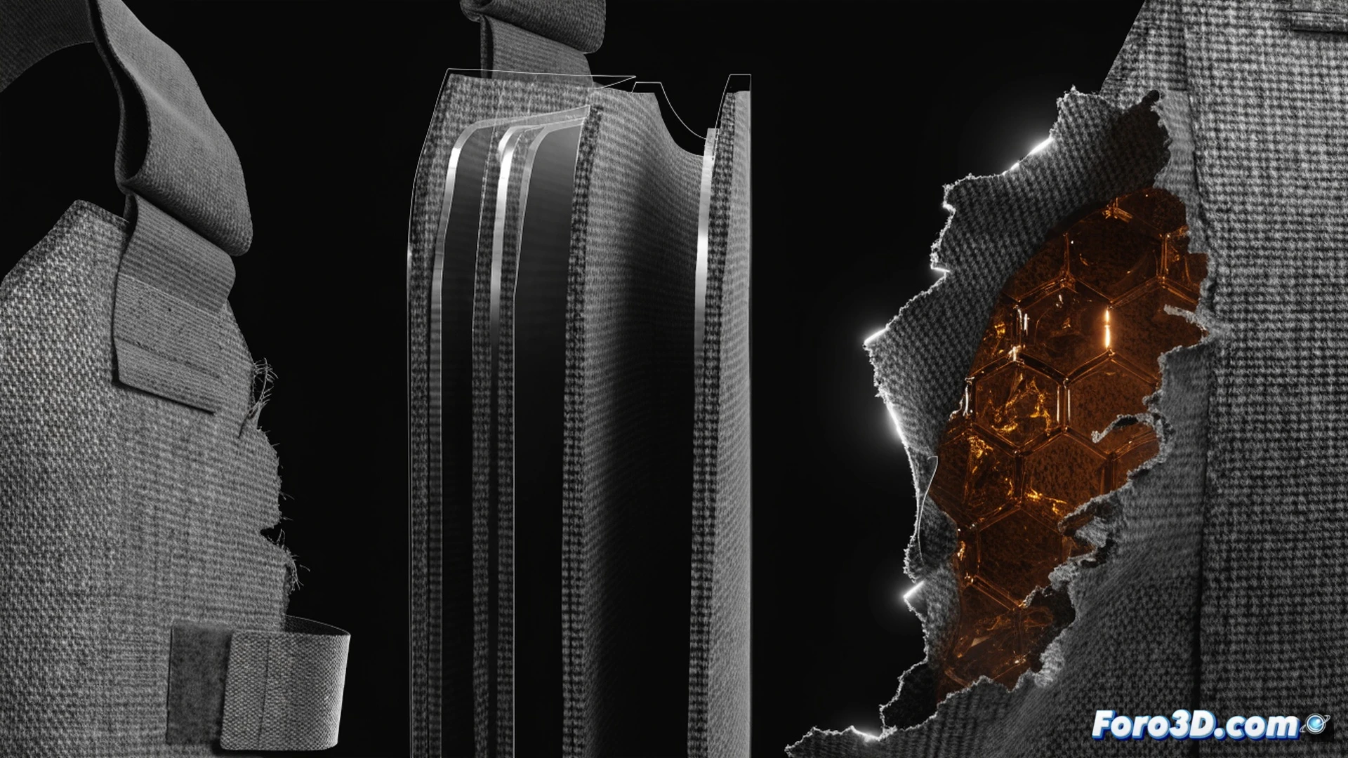 cross-section of a ballistic vest being scanned by industrial CT equipment, VGSTUDIO MAX software interface visible on a monitor showing volumetric tomography data with color-coded density anomalies, Geomagic Control X displaying 3D deviation analysis of reduced aramid layers and resin-filled gaps, robotic arm positioning the vest under X-ray emitter, glowing red overlay highlighting fraudulent patches, dark lab environment with blue ambient light, photorealistic engineering visualization, ultra-detailed mechanical components, cinematic dramatic lighting