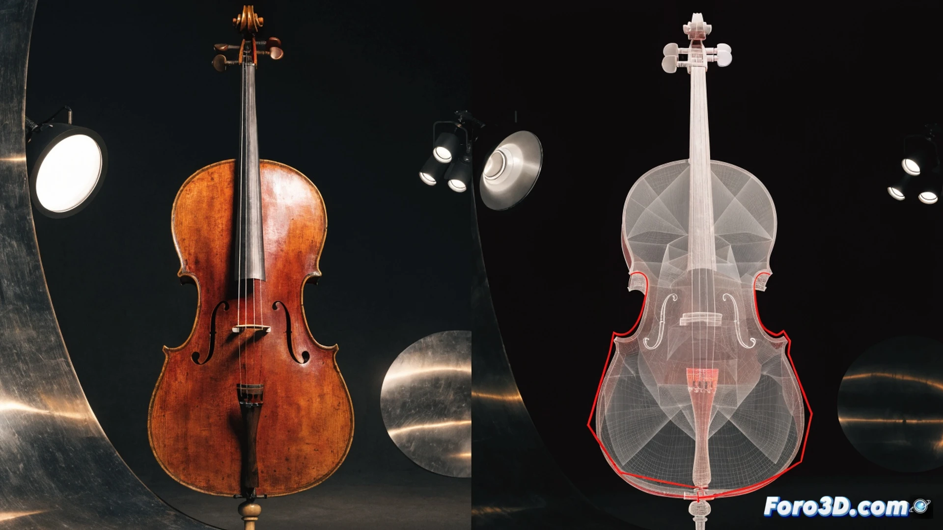 violonchelo del siglo XVIII siendo escaneado con un escáner 3D Artec, luz azul proyectada sobre la tapa armónica mientras un brazo robótico captura la geometría interna del instrumento, pantalla de ordenador mostrando MeshLab con nubes de puntos y anomalías volumétricas resaltadas en rojo, madera con marcas dendrocronológicas visibles bajo lupa digital, fondo de laboratorio forense con luces LED frías, estilo ilustración técnica fotorrealista, sombras nítidas, texturas de madera envejecida contrastando con superficies metálicas pulidas, proceso de comparación histórica en tiempo real