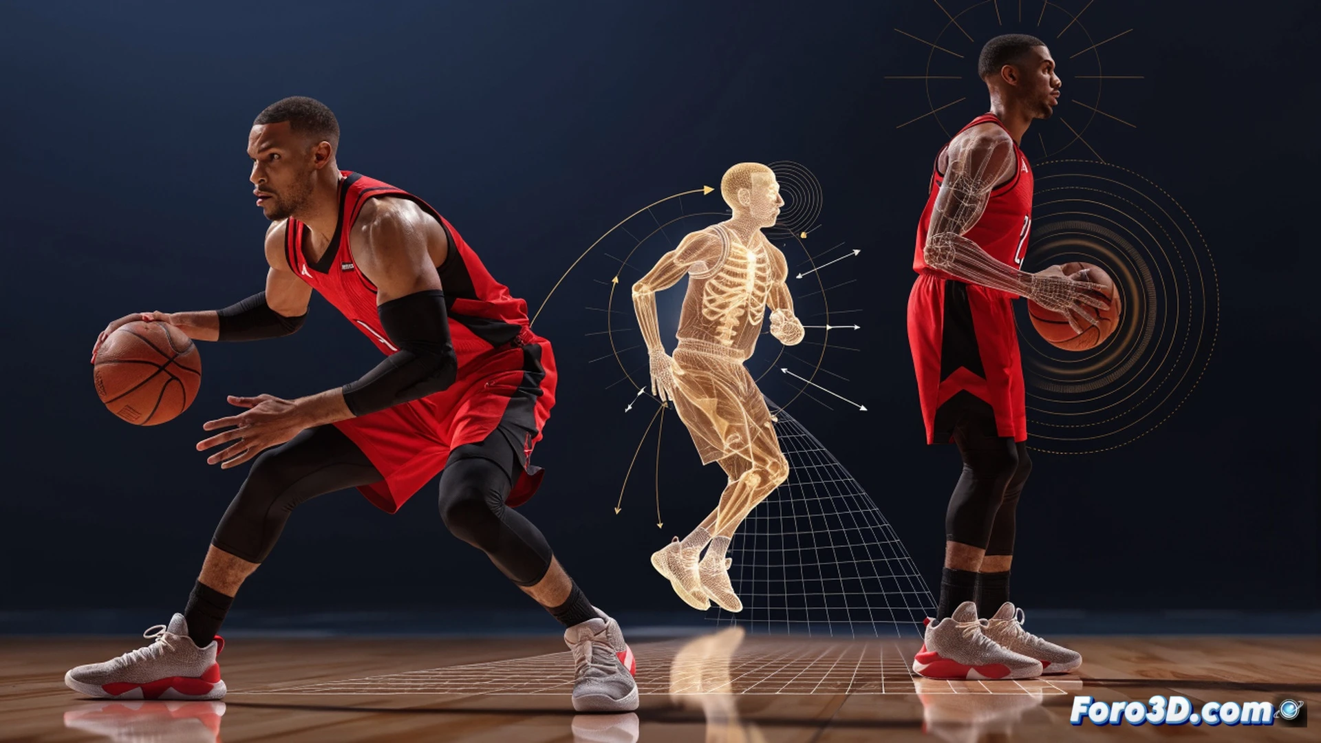 basketball player mid-dribble, three-point line edge, defensive player lunging, ball-handler's feet creating angular separation, wide peripheral vision lines radiating from eyes, trajectory arcs from multiple shooting pockets, glowing motion trails tracing footwork shifts, technical 3D analysis overlay, wireframe skeleton beneath jersey, court floor with tactical grid, cinematic sports visualization, photorealistic athlete anatomy, dramatic arena lighting, high-speed motion blur on jersey edges, deep depth of field, engineering-style breakdown of kinetic chain