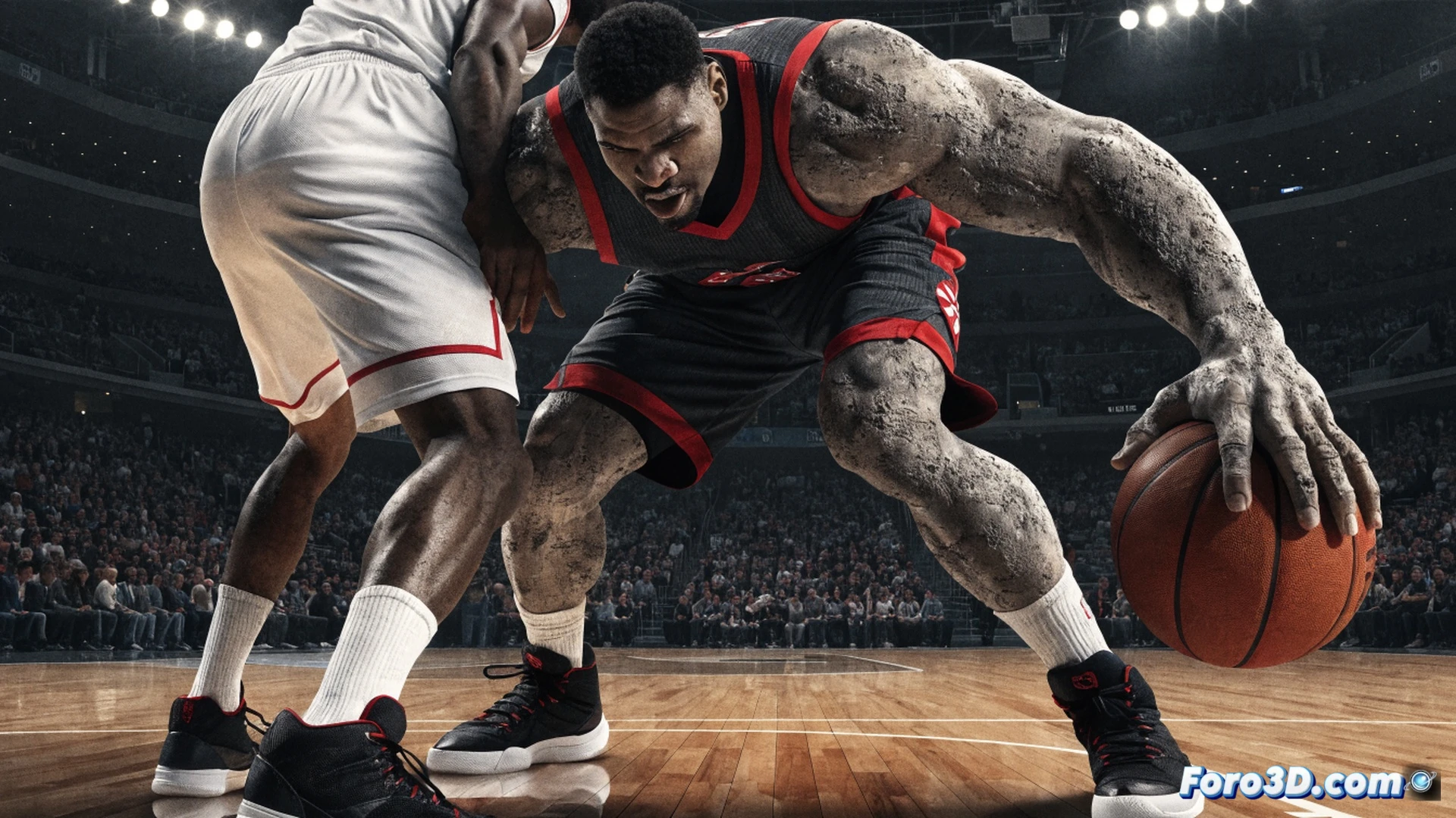 Fred VanVleet en acción defensiva, torso bajo y ancho como un bloque de acero compacto, absorbiendo el impacto de un pívot rival durante un drive al aro, brazos extendidos en posición de robo, piernas firmes como amortiguadores hidráulicos, zapatillas clavadas en la madera generando chispas por fricción, líneas de fuerza rojas recorriendo su centro de gravedad, fondo de pista con marcador borroso, estilo cinematic photorealistic, iluminación de estadio con sombras duras, textura de sudor y músculo tenso, ángulo contrapicado exagerando su solidez, ultra-detallado render técnico.