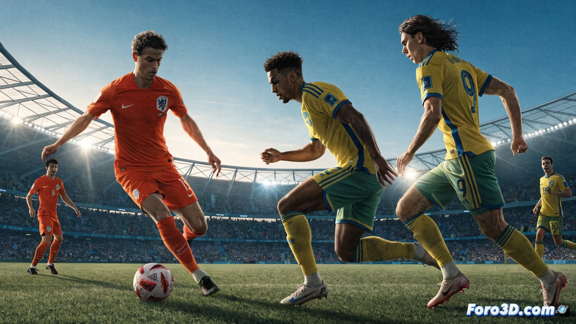 Frenkie de Jong dribbling past a Swedish defender in a World Cup 2026 match, football grass texture under cleats, dynamic body motion with jersey fabric stretching, stadium floodlights casting sharp shadows, technical player silhouette with biomechanical movement lines tracing leg muscles and ankle flexion during a sudden change of direction, cinematic sports visualization, ultra-detailed kit fabric and boot studs, realistic sweat particles, dramatic low-angle shot, photorealistic action render