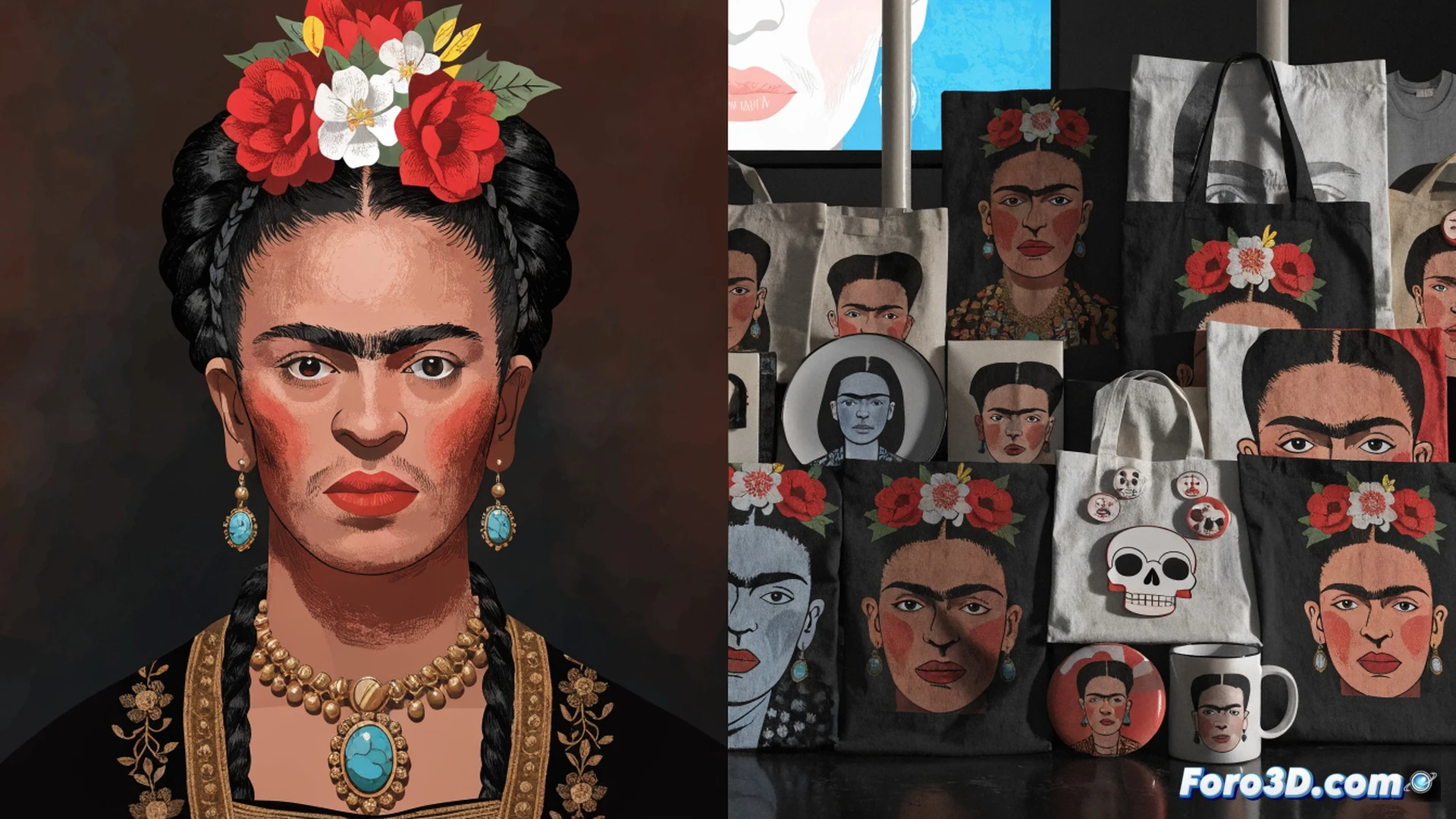 photorealistic scene of a Frida Kahlo ceramic mug being mass-produced on a factory assembly line, robotic arms stamping her face onto cheap merchandise, a conveyor belt filled with identical t-shirts and phone cases showing her image, a broken paintbrush and torn canvas with her original art lying discarded in the foreground, harsh fluorescent industrial lighting, metallic machinery gears and conveyor rollers visible, automated printing press applying her portrait onto products, cold sterile factory atmosphere contrasting with vibrant Mexican colors on the merchandise, cinematic wide-angle shot showing the contrast between art and mass production, ultra-detailed mechanical components, dramatic shadows emphasizing the loss of authenticity