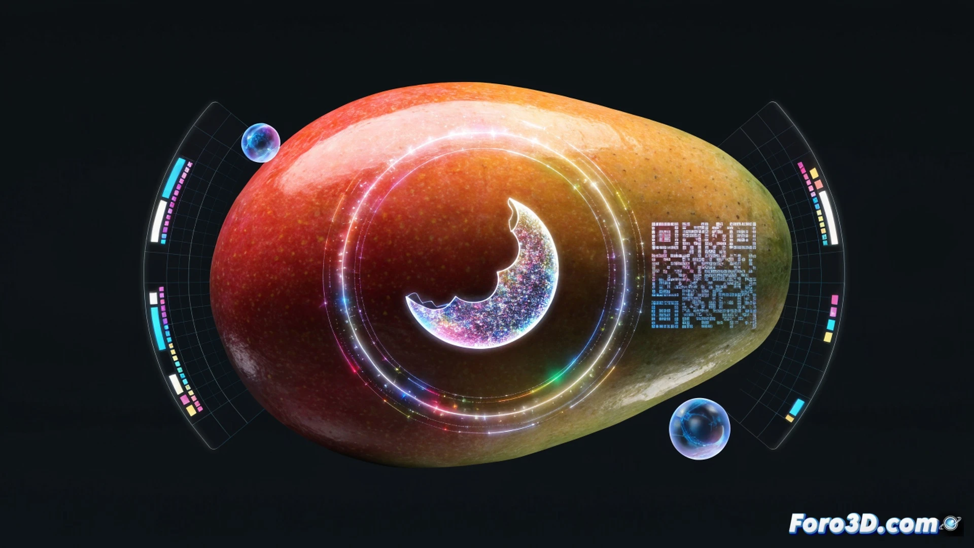 Photorealistic cinematic scene of a Vietnamese market stall, a hand holding a smartphone scanning a QR code on a fruit label, a glowing 3D holographic mango floating above a real ceramic plate, a person’s mouth mid-bite approaching the hologram, digital bite marks appearing on the holographic fruit while a discount percentage symbol shatters into glowing particles, technical elements include a transparent AR interface with scanning beams, holographic projection lines connecting the plate to the smartphone, realistic fruit textures with translucent digital overlay, dramatic neon green and gold lighting, shallow depth of field, ultra-detailed engineering visualization, high-contrast industrial food photography style