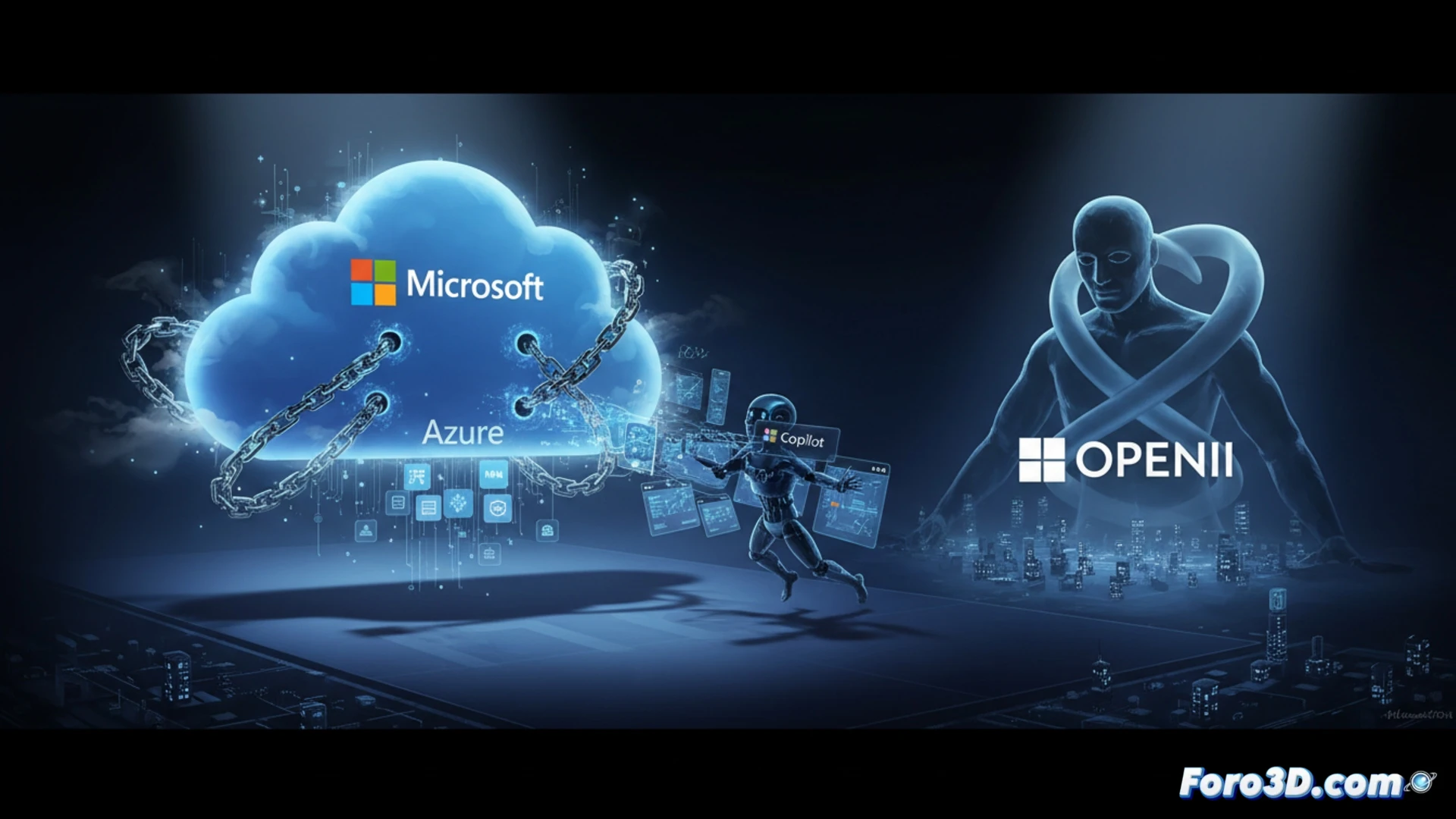 photorealistic technical illustration of a massive cloud infrastructure center, Microsoft Azure server racks glowing with blue LED indicators, a giant robotic arm labeled Copilot forcibly plugging cables into a single server cluster while other cloud platforms like AWS and Google Cloud are disconnected and darkened, a glowing OpenAI logo chained to the Azure mainframe, digital dollar signs floating upward from locked-down user terminals, dramatic high-contrast industrial lighting, metallic surfaces reflecting warning red and blue light, cinematic composition showing monopoly enforcement action, ultra-detailed hardware components, server fans spinning under stress