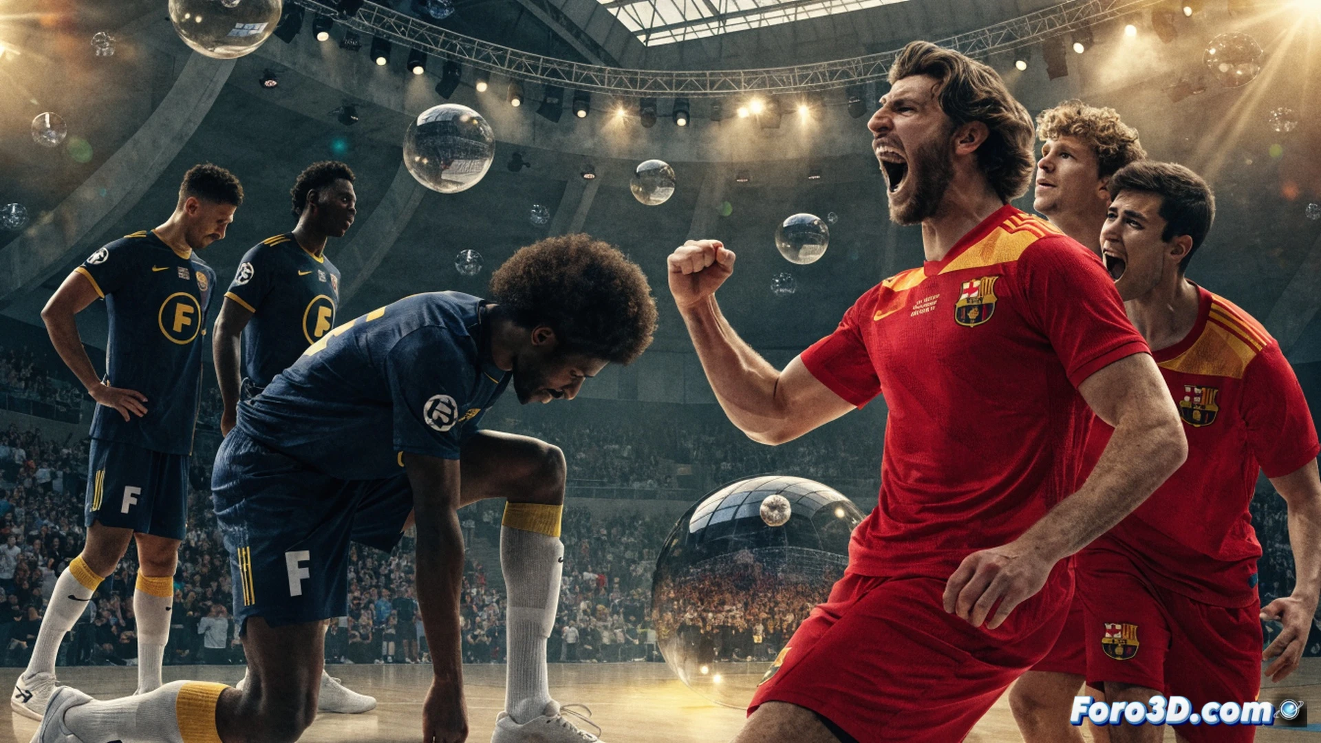 balonmano profesional en plena acción, jugador de Füchse Berlin saltando para lanzar a puerta, defensa del Barcelona estirando brazos para bloquear el tiro, sudor y tensión muscular visibles, fondo del estadio de Colonia con gradas llenas de aficionados, marcador electrónico mostrando 37-34, luces de arena brillantes, movimiento congelado en el momento del lanzamiento, estilo cinematográfico fotorrealista, texturas de camisetas húmedas y suelo de la cancha reflectante, iluminación dramática de estadio, profundidad de campo reducida