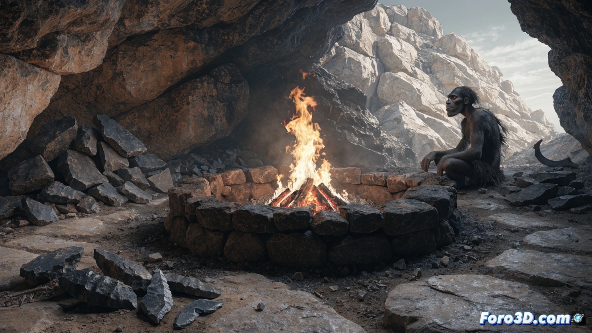 Prehistoric Homo erectus figure crouching beside a small controlled fire in a South African cave, hands holding a stick with a piece of meat roasting over glowing embers, charred bones and ash scattered on the ground, stone tools nearby, smoke rising upward, warm firelight illuminating the scene, dark cave walls with rock formations in background, cinematic photorealistic archaeological visualization, dramatic natural lighting from fire, ultra-detailed textures of skin, fur, and stone, realistic prehistoric atmosphere, showing early human technological mastery