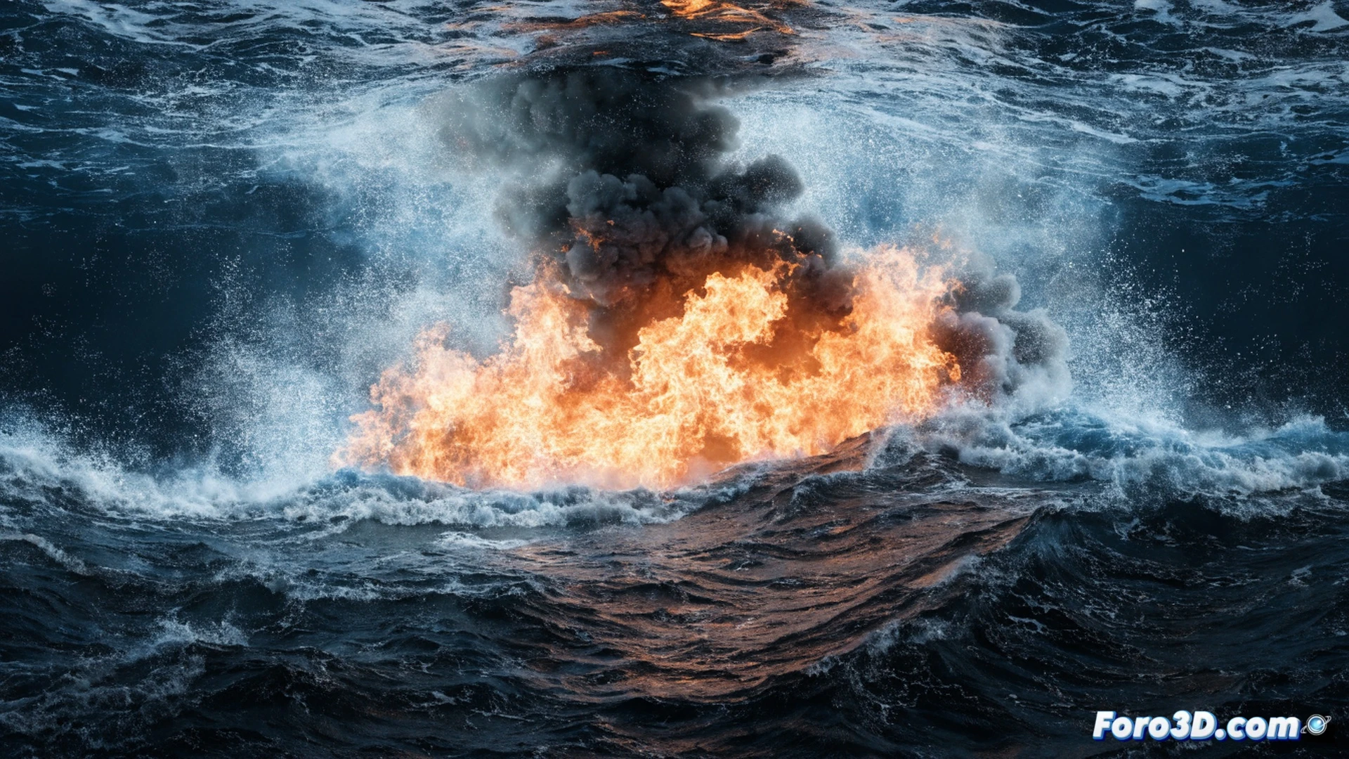 submerged pipeline rupture in deep ocean, fire burning underwater with chaotic flames defying physics, pressure gauges and digital simulation software interface floating in foreground, Wētā FX particle system tools visible on a holographic screen, cinematic engineering visualization, dramatic blue and orange lighting, bubbles and debris swirling in turbulent currents, glowing embers mixing with water, mechanical valves and hydraulic components corroding, ultra-detailed industrial underwater scene, photorealistic technical render