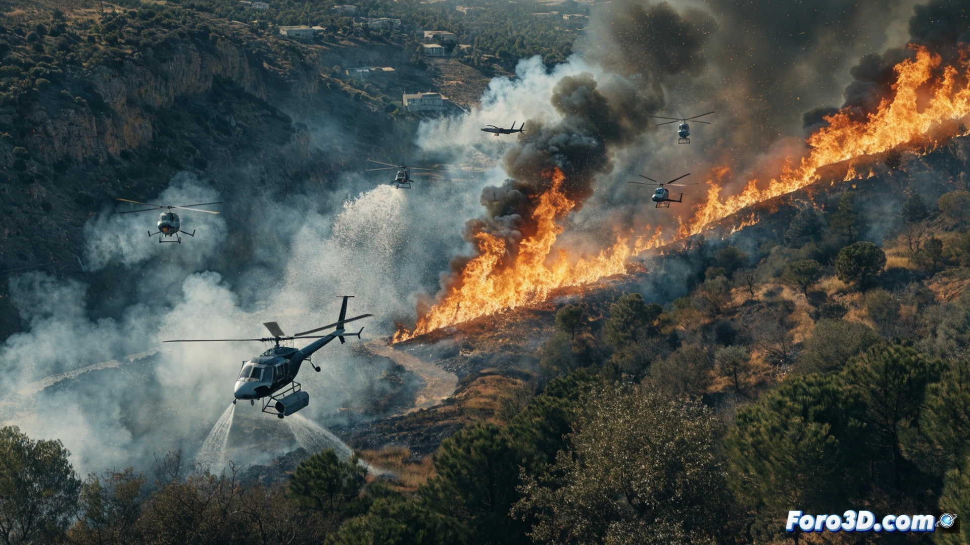 aerial view of a dry riverbed mota in Murcia, dense dry vegetation and accumulated brush burning intensely, flames reaching high into the sky, thick grey smoke billowing, firefighting helicopter dumping water directly over the flames, nearby residential houses at the edge of the frame, smoke clouds drifting toward homes, cinematic photorealistic technical visualization, dramatic orange and black colour palette, high contrast, ultra-detailed vegetation textures, motion blur on helicopter rotors, realistic fire simulation, emergency scene, wide-angle cinematic shot