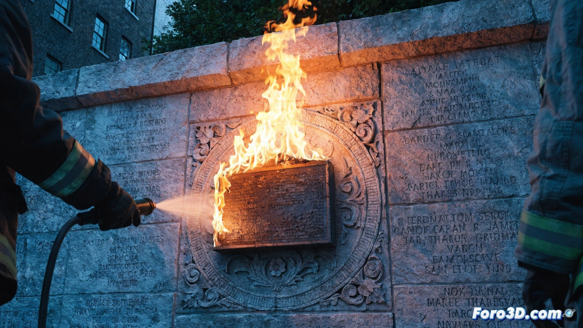 A man in a dark coat crouching near a small memorial plaque on a brick wall in Golders Green, a lighter flame briefly touching the metal surface while a small fire begins, smoke rising against the wall, a security camera visible above, a fire extinguisher on the ground nearby, cinematic photorealistic visualization, dramatic evening street lighting, wet pavement reflecting amber glow, blurred pedestrians in background, tense local action, ultra-detailed textures of brick and plaque, realistic forensic crime scene style.
