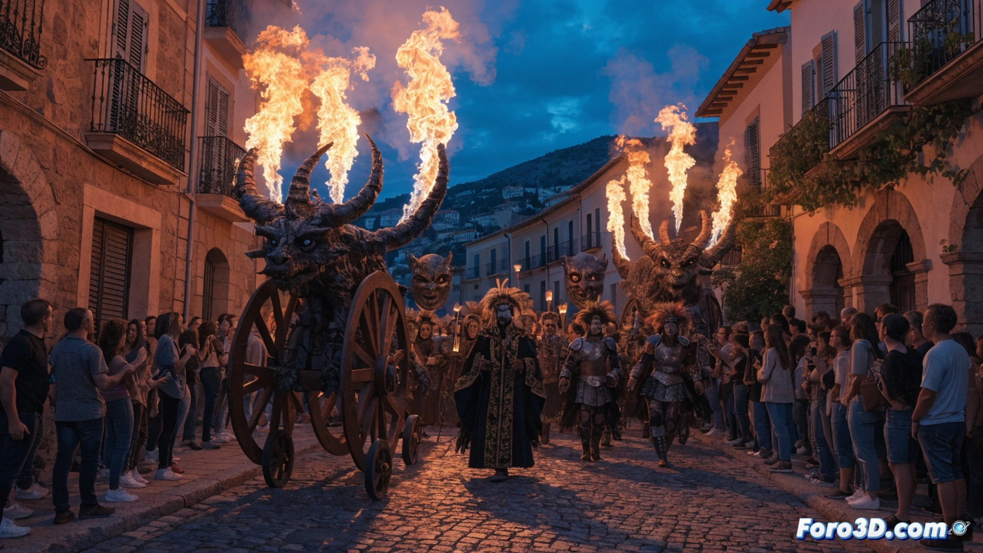 colla de dimonis Els Tretze de na Pola actuando en calle empedrada de Alaró, demonios con trajes artísticos rojos y negros girando bastones de fuego mientras lanzan chispas y humo, público familiar observando de fondo bajo luz crepuscular, glosador recitando junto a tamborilero, proceso de danza ritual con llamas trazando arcos brillantes, estilo cinematográfico realista, iluminación dramática de fogatas, textura de piedra antigua, humo denso y destellos naranjas, fotografía nocturna técnica con alto contraste