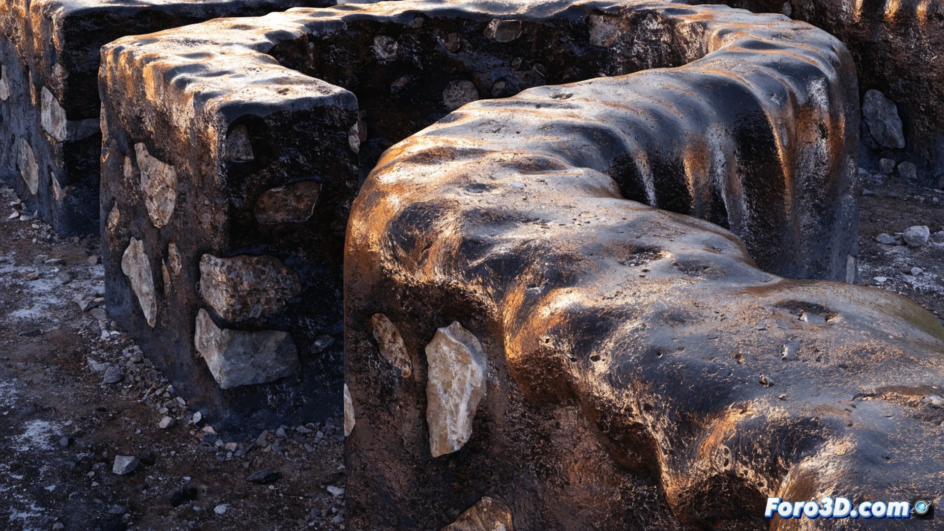 Iron Age Scottish fort walls glowing with intense heat, molten stone dripping and fusing into glassy surfaces, ancient granite blocks fracturing under 1100 degrees Celsius, primitive bellows and charcoal piles surrounding the structure, cinematic archaeological visualization, dramatic orange-red lighting against dark stormy sky, smoke rising from vitrified ramparts, photorealistic historical reconstruction, detailed stone texture melting into smooth obsidian-like layers, showing the impossible pyrotechnology in action