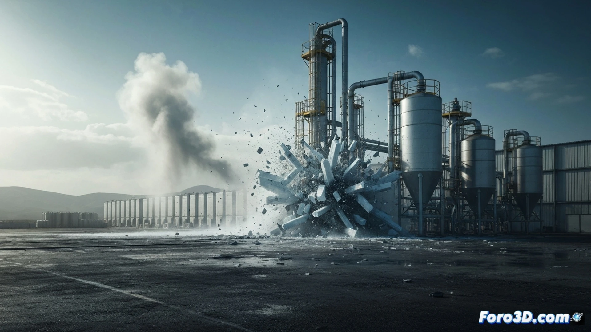 cryogenic nitrogen leak industrial accident scene, massive white vapor cloud engulfing a gas liquefaction plant pipeline manifold, elastomeric gasket failure frozen and shattered into brittle fragments, liquid nitrogen droplets freezing valve stems and flange surfaces, a technician in full cryogenic protective suit using a portable 3D laser scanner to map thermal stress fractures on the metallic pipework, frost forming in geometric patterns on cold surfaces, cinematic engineering visualization with dramatic blue-white lighting, ultra-detailed brittle fracture textures, vapor condensation creating a dense fog layer near the ground, photorealistic technical render