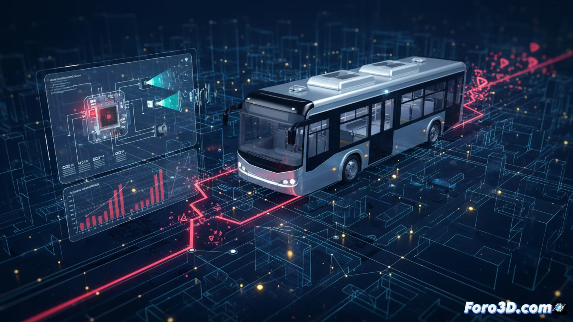 Modelado 3D ruta fuga autobús autónomo con análisis de fallos sensores ADAS y ECU