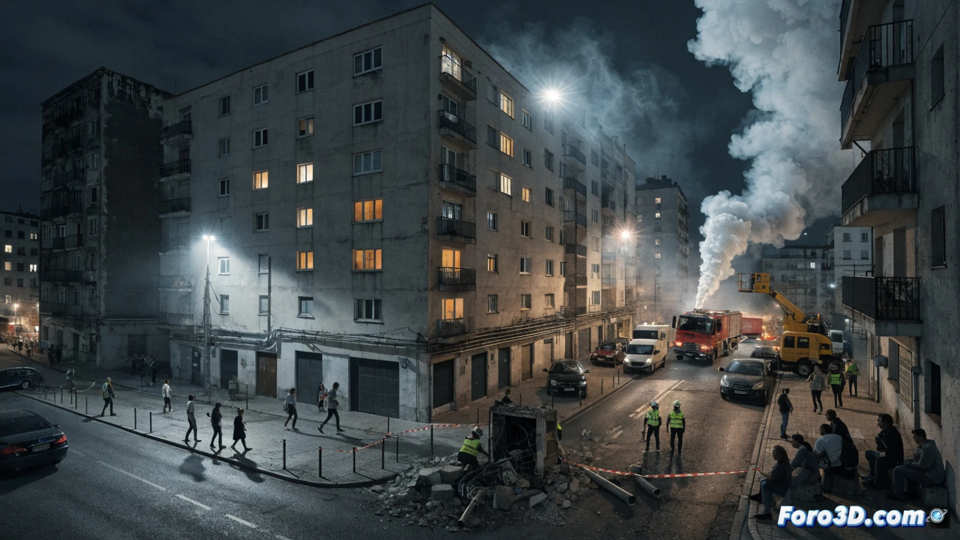 Photorealistic cinematic scene of a residential building block in Poligono Sur during evacuation, emergency gas leak from a damaged underground pipe caused by attempted theft, broken valve and exposed copper tubing with wrench and cutting tool nearby, yellow gas cloud dispersing across the pavement, neighbors rushing out through the main entrance while firefighters in protective gear secure the area, red emergency lights reflecting on wet asphalt, tense atmosphere with smoke and dusk lighting, technical engineering visualization showing infrastructure vulnerability, dramatic wide-angle shot, ultra-detailed textures of concrete and metal, high-contrast industrial lighting, photorealistic render