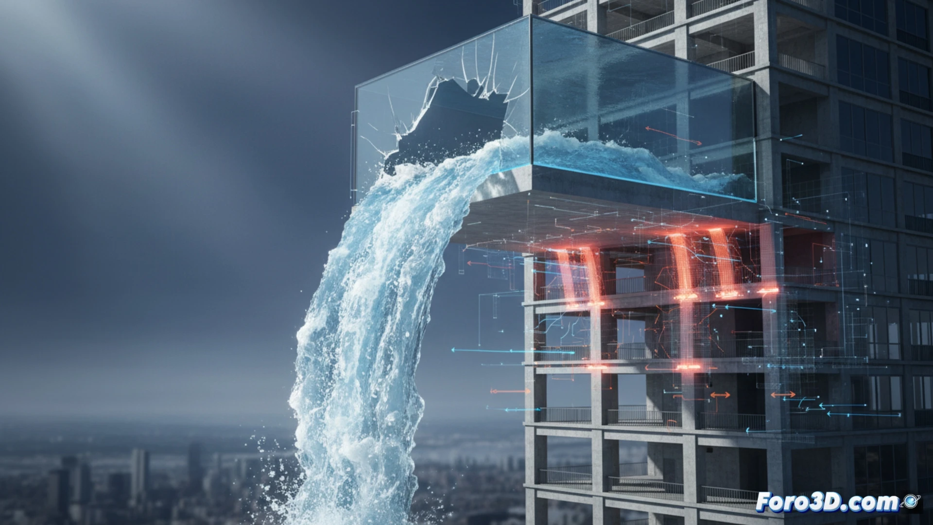 Simulación 3D de fuga catastrófica en piscina de altura con presión hidrostática y riesgo estructural