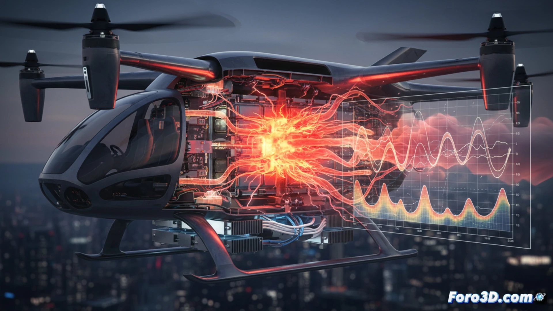 Simulación 3D de fuga térmica en baterías de taxi aéreo eVTOL mostrando propagación de calor entre celdas