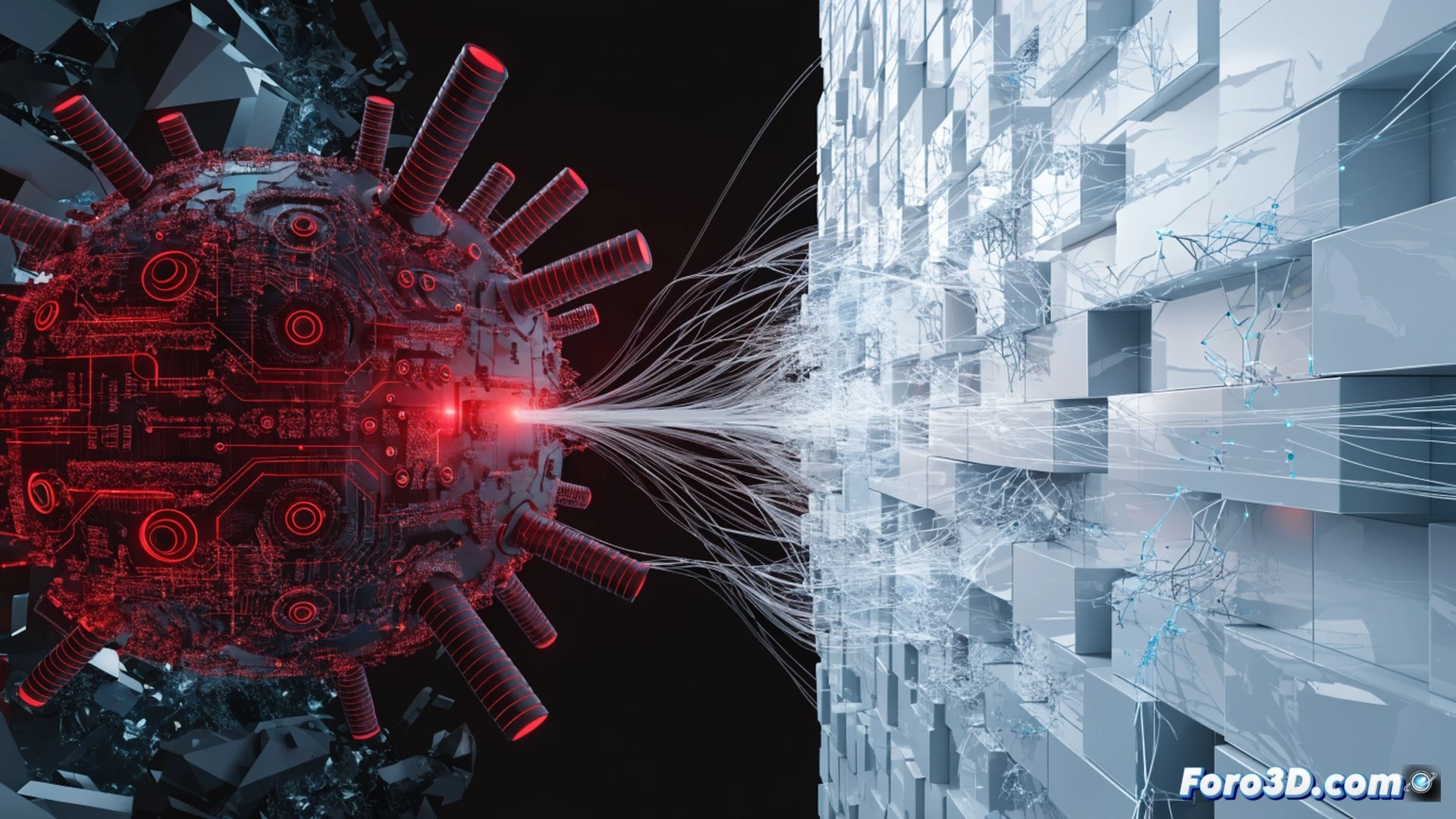 cyberattack data breach scene, server rack with glowing red warning lights, hard drives being extracted from a network switch by a gloved hand, digital data streams flowing out of the server into a dark void, broken firewall interface displaying cascading error codes, pharmaceutical laboratory blueprints visible on a monitor in the background, cinematic technical illustration, cold blue and red emergency lighting, sparks from a short-circuiting power supply, data cables tangled and cut, photorealistic engineering visualization, high contrast shadows, metallic server chassis reflecting warning lights