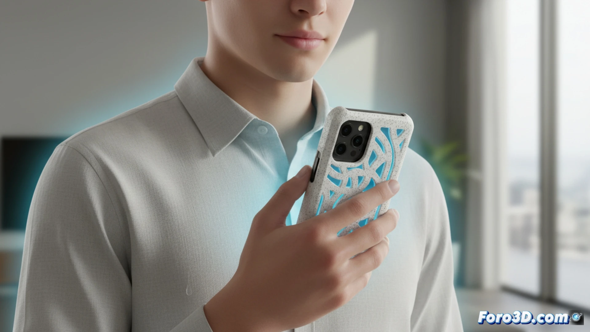 Close-up de una funda de móvil cerámica impresa en 3D, mostrando su disipador pasivo de calor, mientras un teléfono se apoya contra el pecho de una persona durante una llamada. La superficie texturizada de la cerámica extrae el calor del dispositivo y, al contacto con la piel, refresca al usuario. Iluminación técnica, render fotorrealista, estilo cinematic engineering visualization, sombras suaves, reflejos metálicos, detalles de microporos en la cerámica, sin texto ni números.