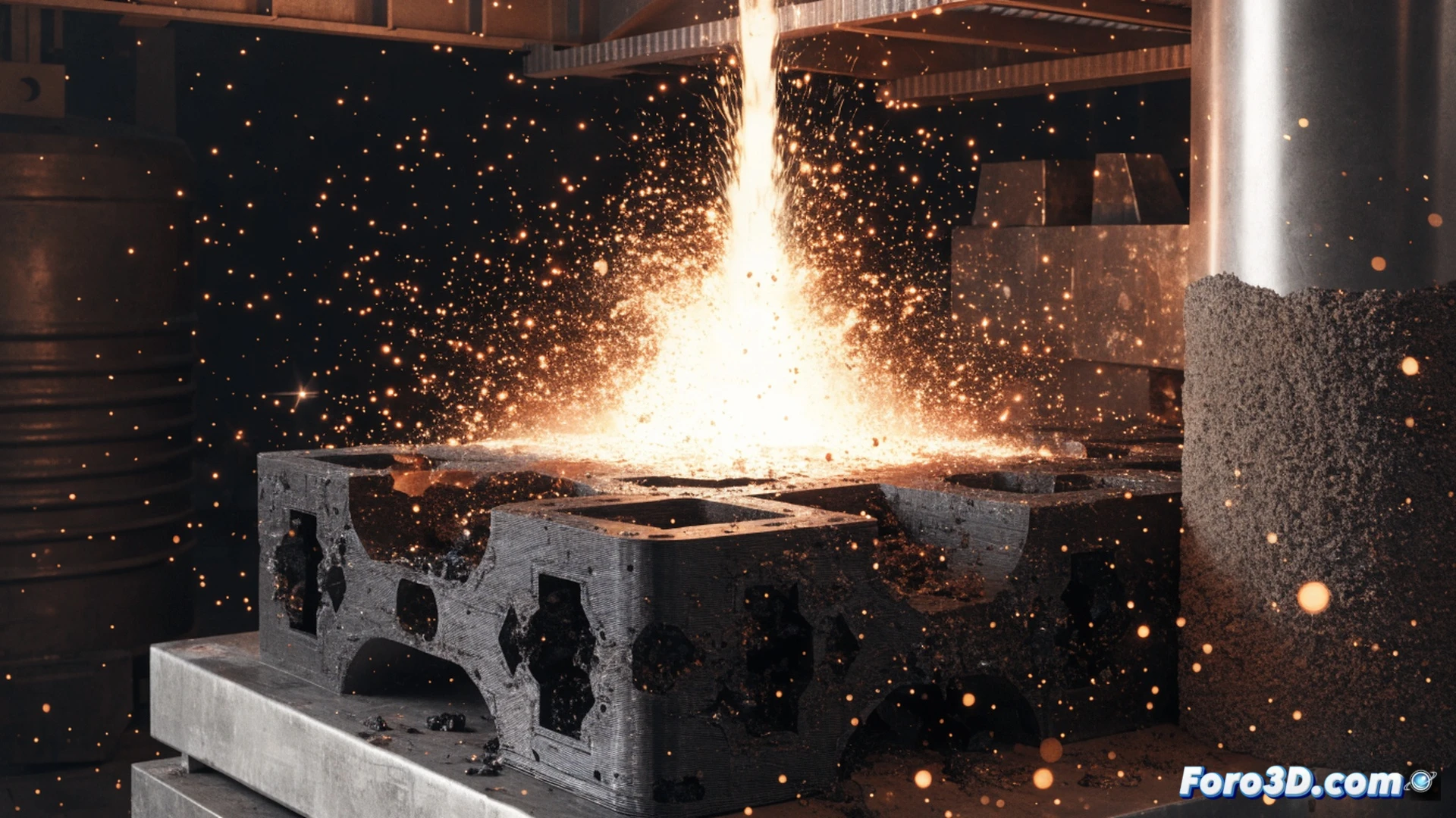 Industrial die casting accident scene, aluminum molten metal explosion erupting from open mold cavity, bright orange liquid metal splashing outward in radial patterns, steam cloud billowing from residual moisture in 3D printed FDM mold, robotic injection arm retracting mid-process, fragmented mold pieces flying through air, workshop floor with safety barriers in background, dramatic high-contrast lighting, orange glow against dark machinery, motion blur on flying droplets, hyper-detailed metallic surfaces, photorealistic engineering visualization, capturing the instant of vaporization blast