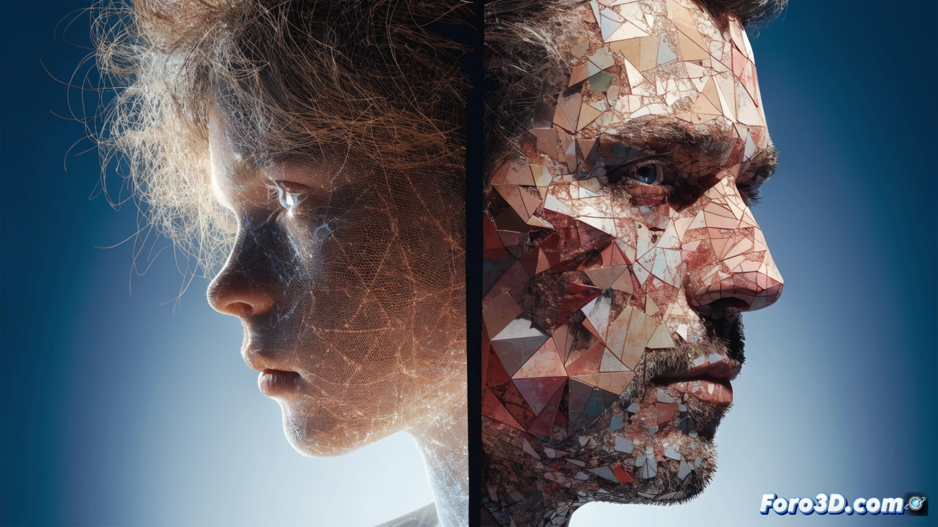A classroom boundary dissolving into blurred silhouettes, a professor standing at a chalkboard while a student mirrors their posture but faces away, a transparent wall fragmenting between them, chalk dust forming a faint line mid-air, cinematic photorealistic render, warm academic lighting contrasting with cool shadows, wooden desks fading into abstract shapes, symbolic threshold breaking, ultra-detailed textures on clothing and chalkboard, dramatic depth of field, technical illustration style