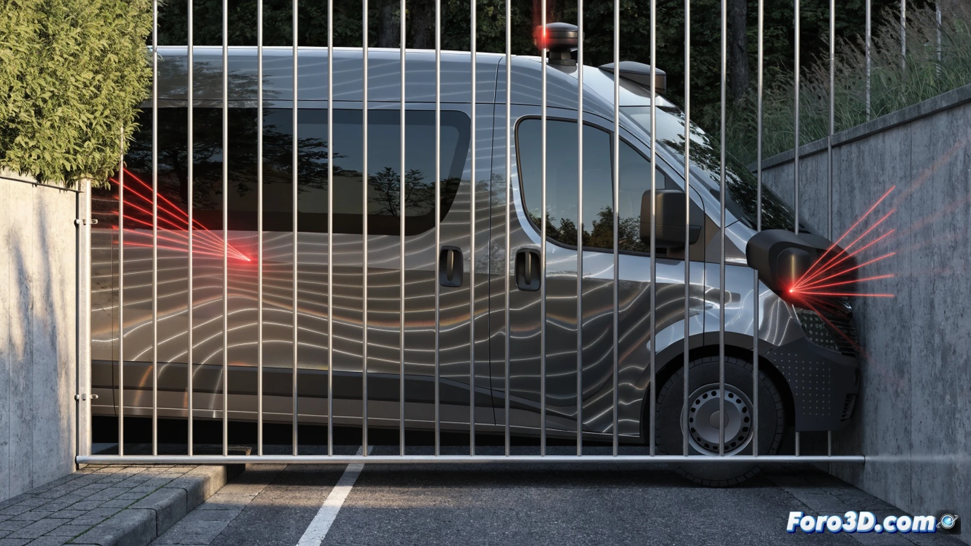 autonomous delivery van with crumpled front bumper against metal fence, LiDAR sensor on roof emitting invisible laser pulses, dark anti-reflective paint layer on fence surface absorbing beams shown as energy dissipation waves, sensor display panel showing blind spot error, broken triangulation lines fading into black, scattered tools and orange safety cones nearby, testing facility concrete floor, cinematic engineering visualization, dramatic side lighting, metallic reflections, ultra-detailed mechanical components, photorealistic technical illustration