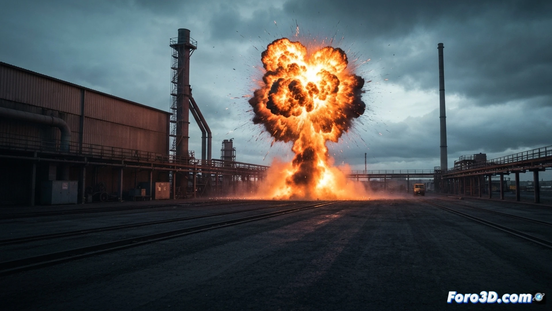Industrial foundry explosion scene, molten metal ejection from a casting mold during pouring process, bright orange liquid metal fragments flying through the air, shockwave distortion visible in the background, broken cooling pipes spraying steam, humidity reacting with molten steel creating violent pressure burst, damaged safety barriers and scattered equipment on the factory floor, heavy machinery with gauges and control panels in the background, cinematic photorealistic visualization, dramatic high-contrast lighting with sparks and smoke, ultra-detailed metallic surfaces, motion blur capturing the explosive action, technical engineering illustration style