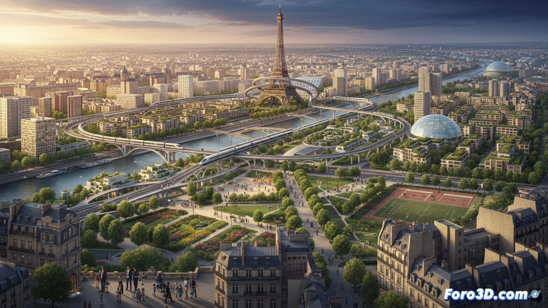 Aerial view of Paris merging with suburban ring, glowing administrative boundary lines dissolving into connected urban grid, train tracks and highway networks flowing seamlessly between dense city center and outer blocks, government building blueprints and digital city planning tablets overlaying the landscape, engineers and urban planners pointing at holographic metro maps and housing development models, photorealistic technical illustration, cinematic golden hour lighting, detailed infrastructure nodes with data streams, realistic 3D GIS visualization