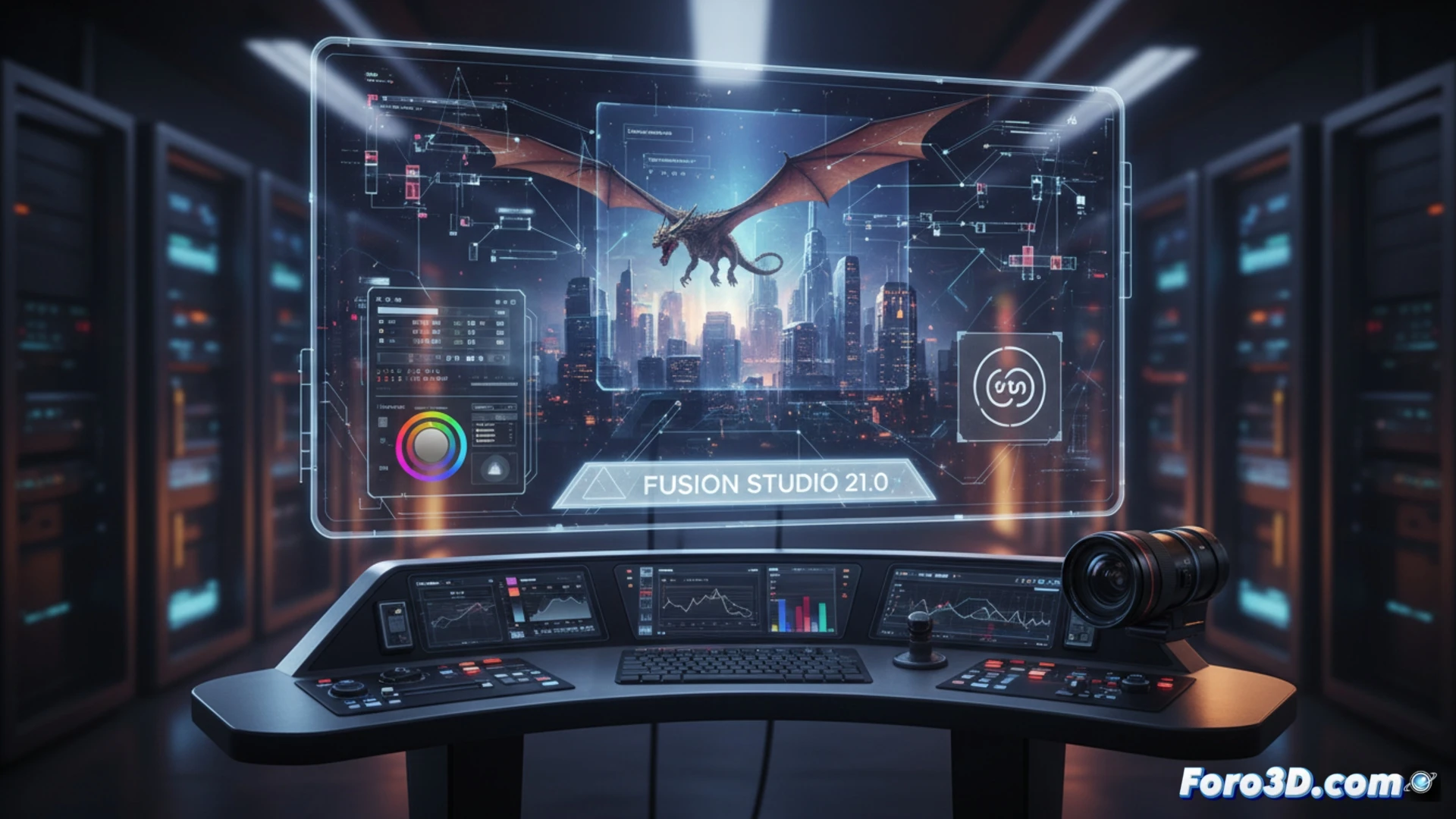 visual effects artist workstation, Fusion Studio 21.0 interface displayed on two monitors, deep image compositing node tree with glowing connection lines, 3D viewport showing a cinematic scene with particle effects and motion blur, artist adjusting color correction on a depth map layer, Lottie animation timeline active, stylized technical illustration, dark metallic desk with tablet and keyboard, dramatic blue and orange rim lighting, holographic data overlays floating above the screens, clean futuristic aesthetics, photorealistic engineering visualization