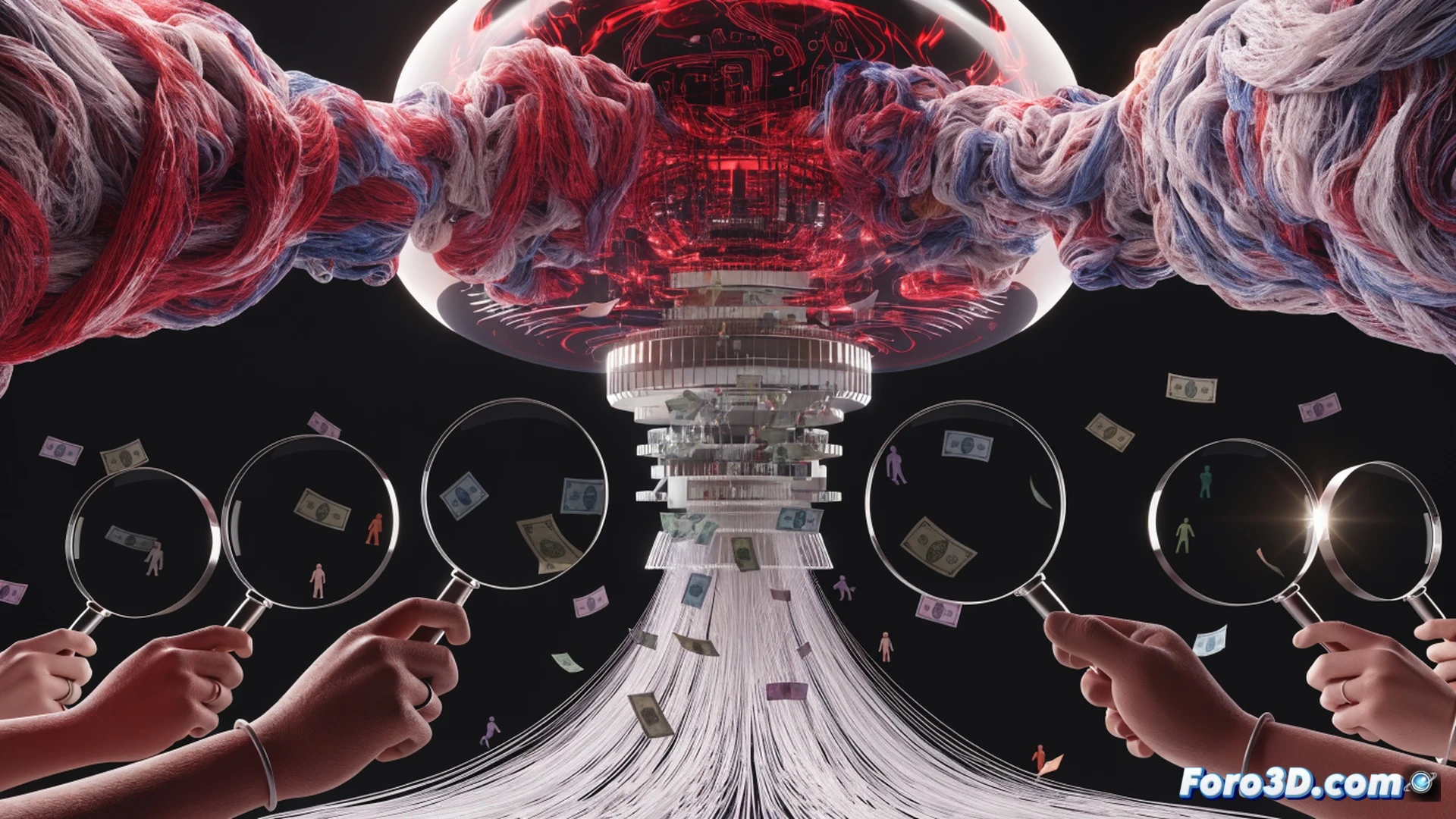 Large government building interior, two merging silhouettes forming a single opaque black mass while a digital transparency dashboard displays red warning indicators for missing audit trails, citizens outside pressing against a glass wall holding magnifying glasses and clipboards, security guards blocking their view, cinematic photorealistic technical illustration, dramatic shadows from overhead fluorescent lights, cold blue and grey color palette, ultra-detailed architectural elements, polished marble floor reflecting the blurred figures, high-contrast chiaroscuro lighting, surveillance cameras on ceiling pointing away from the merged entity
