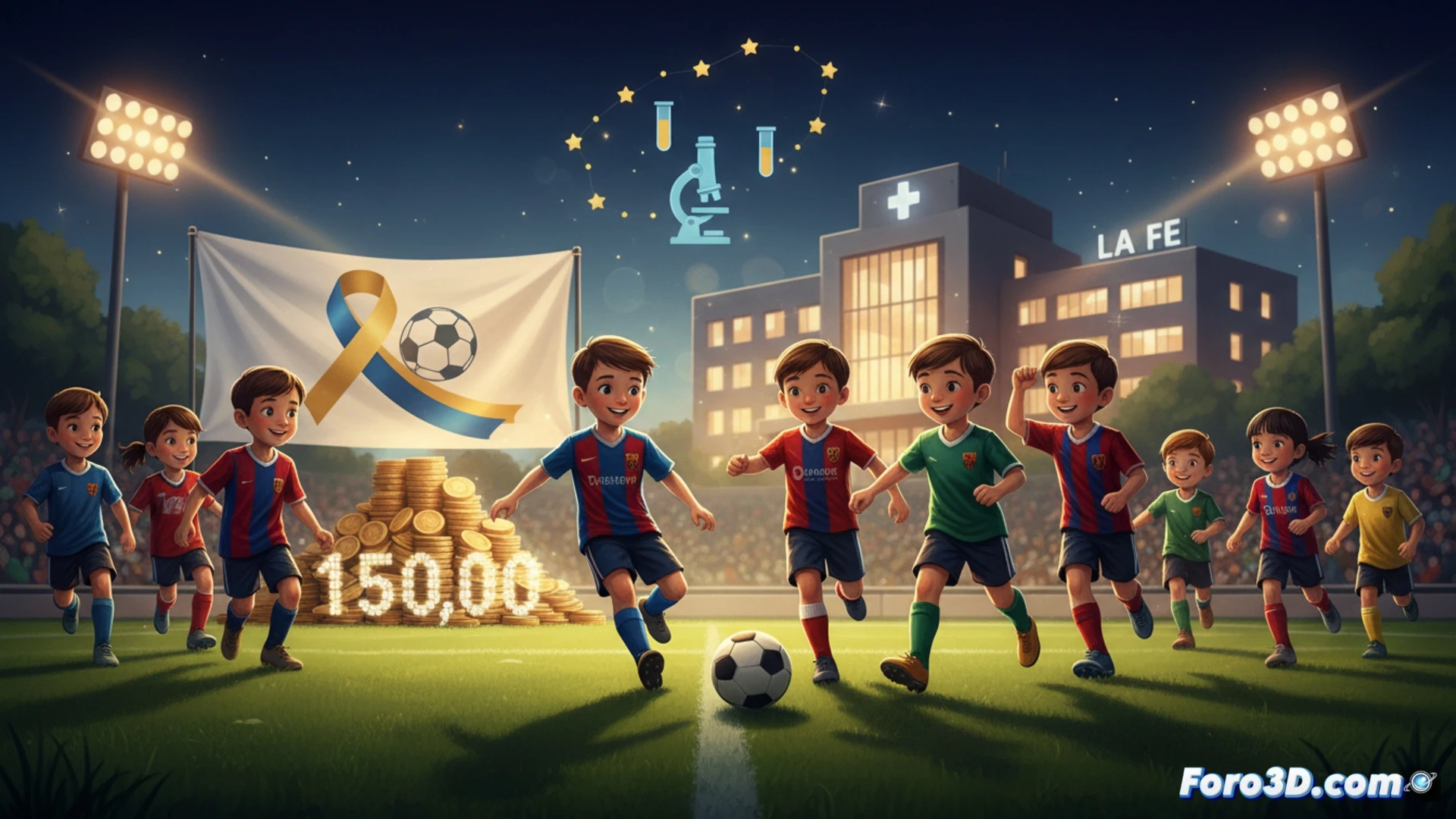 Fútbol base en césped artificial, balón en el aire impactando un microscopio estilizado de laboratorio, moléculas brillantes rojas y azules emergiendo del impacto como ondas de energía, niños de equipos variados en acción de juego alrededor, familias animando al fondo en gradas, durante un partido solidario, demostrando la conexión entre deporte y ciencia, estilo cinematográfico photorealistic, iluminación de atardecer cálida, profundidad de campo, movimiento congelado, textura de hierba sintética y equipación deportiva detallada, alto contraste dramático