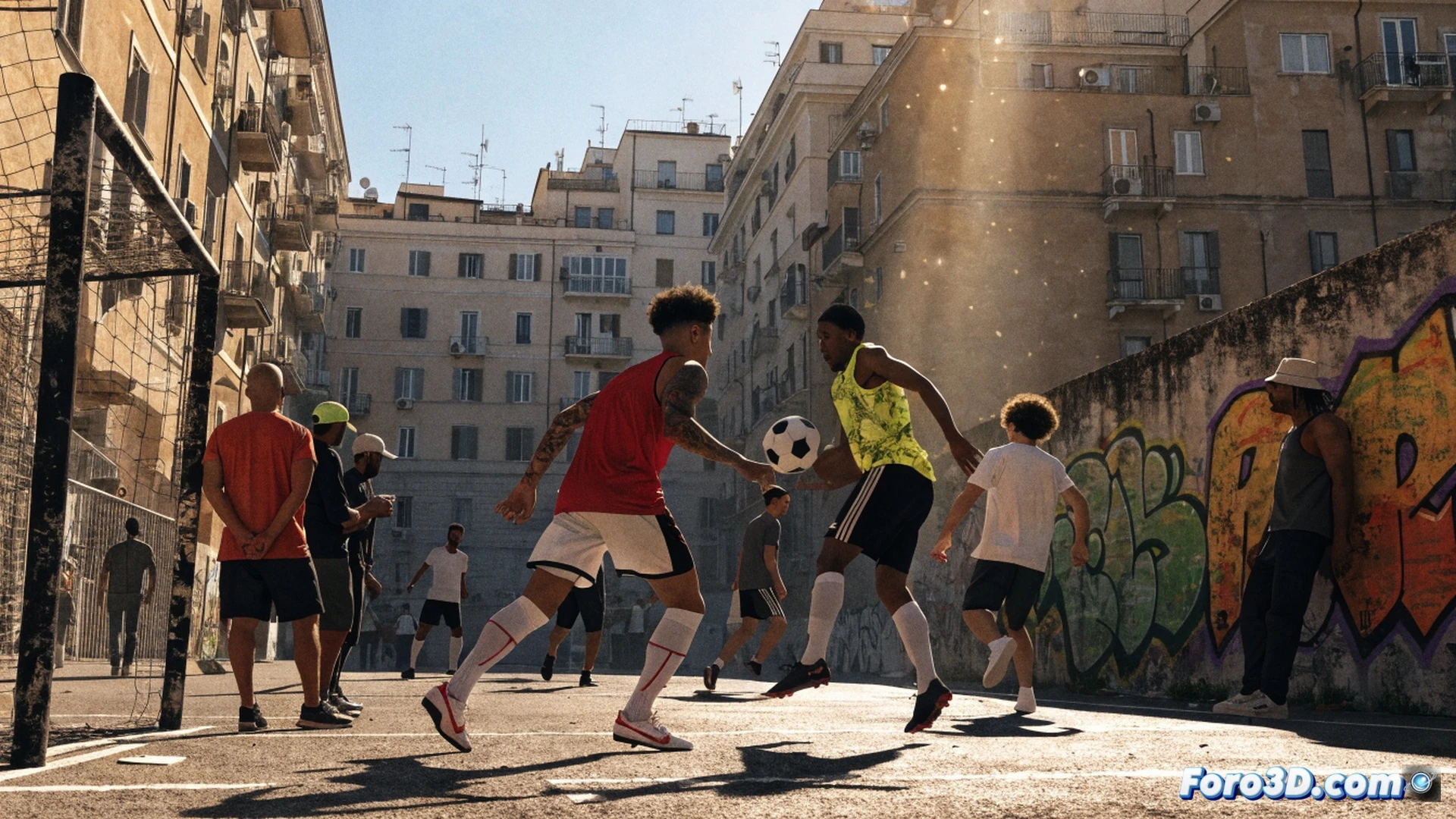 Grupo diverso de jóvenes italianos jugando fútbol en un parque urbano al atardecer, mostrando una pelota desgastada impactando contra una pared de ladrillos con grafitis, mientras un jugador realiza un regate sobre adoquines irregulares, durante una acción libre sin marcadores ni arcos reglamentarios, con mochilas y chaquetas usadas como porterías improvisadas, árboles y bancos de plaza en el fondo, estilo cinematográfico photorealistic, iluminación cálida dorada, sombras alargadas, sensación de movimiento natural y ocio sin presión, texturas urbanas detalladas