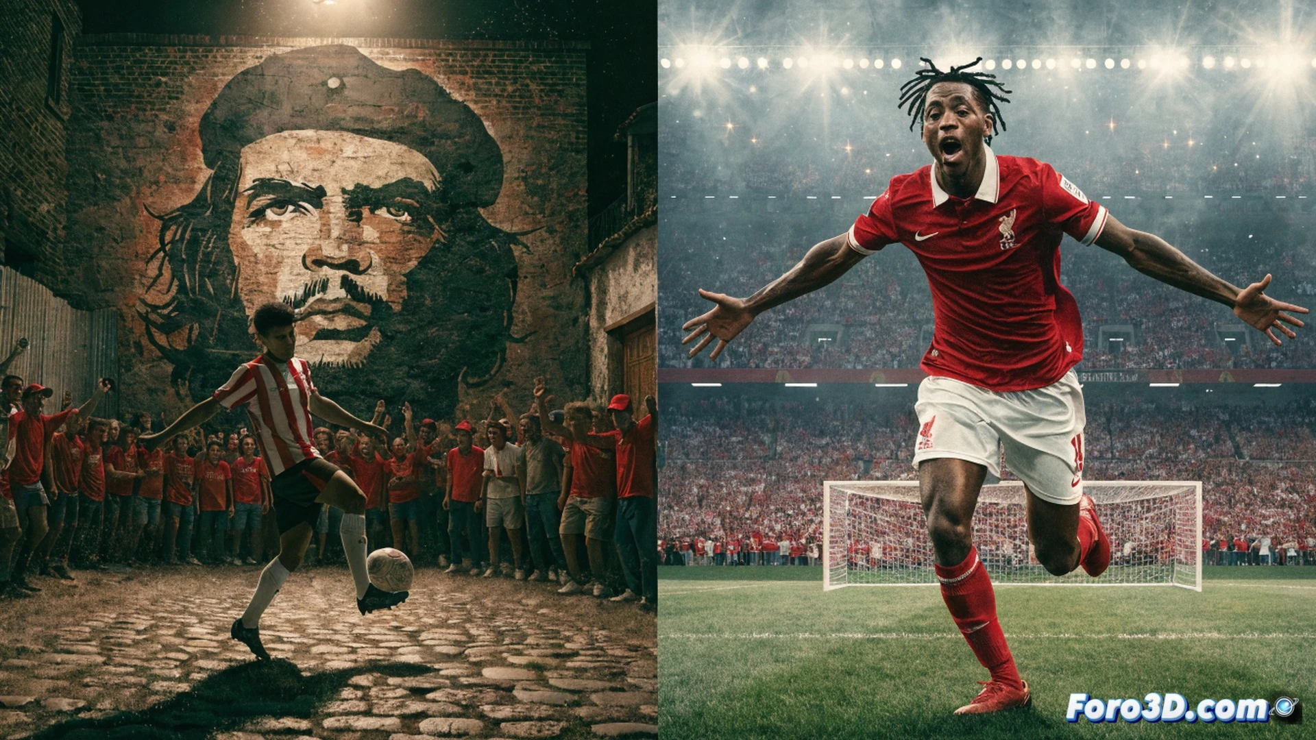Estadio lleno durante un partido histórico, una multitud ondeando banderas rojas mientras un futbolista con camiseta obrera patea un balón que se transforma en una onda expansiva de justicia social, al fondo una pantalla gigante muestra el rostro del Che Guevara y el escudo del Liverpool de Shankly, la pelota atraviesa un arcoíris de reivindicaciones obreras, cinematic photorealistic render, dramatic golden hour lighting, crowd cheering with raised fists, motion blur on the ball, technical illustration style, high contrast shadows, ultra-detailed stadium architecture, emotional epic atmosphere