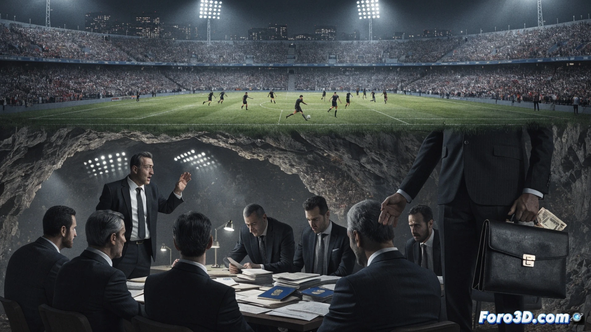 Estadio de fútbol abarrotado con aficionados ondeando banderas bosnias, mientras en primer plano una grieta profunda divide el campo de juego, mostrando engranajes oxidados y documentos legales rotos emergiendo del suelo, un joven futbolista con camiseta nacional intenta cruzar la grieta pero su pierna queda atrapada en cadenas burocráticas, al fondo una pantalla gigante muestra gráficos de fuga de cerebros y presupuestos desviados, estilo cinematográfico realista, iluminación contrastante entre la luz del estadio y sombras subterráneas, fotografía técnica dramática, texturas de césped artificial y metal corroído, composición simbólica con acción congelada en el momento del colapso