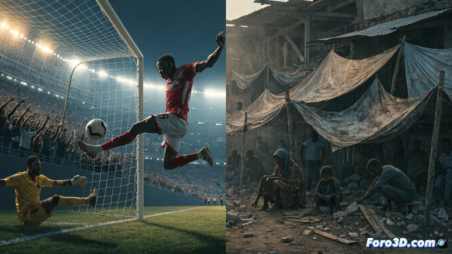 Photorealistic cinematic scene showing a football pitch split in half by a cracked earth fault line, left side has a glowing stadium with cheering crowd and a football net catching a ball, right side shows displaced Haitian families walking through rubble under grey smoke, a broken drone camera lies on the ground with its lens shattered, motion blur on the football side, desaturated tones on the crisis side, dramatic contrast lighting, ultra-detailed textures of torn fabric and dust particles, technical illustration style with documentary realism, no text or numbers visible