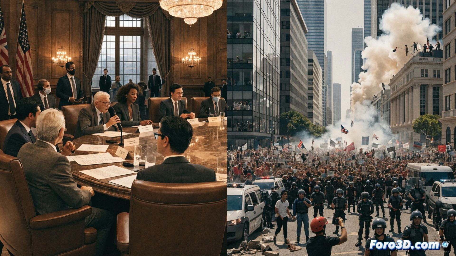 Luxury G7 summit table with polished wood surface, empty champagne glasses and wilted roses, leaders’ chairs pushed back abruptly, broken cardboard signs with torn edges scattered on floor, smoke and tear gas clouds seeping through tall windows from violent street protests outside, shattered glass pane, riot gear silhouettes visible through haze, cinematic photorealistic style, dramatic chiaroscuro lighting, cold blue exterior light contrasting warm golden interior, ultra-detailed textures of fabric, glass shards, and smoke particles, wide-angle composition showing spatial disconnect between sterile summit room and chaotic streets, technical architectural visualization with precise reflections and shadow mapping