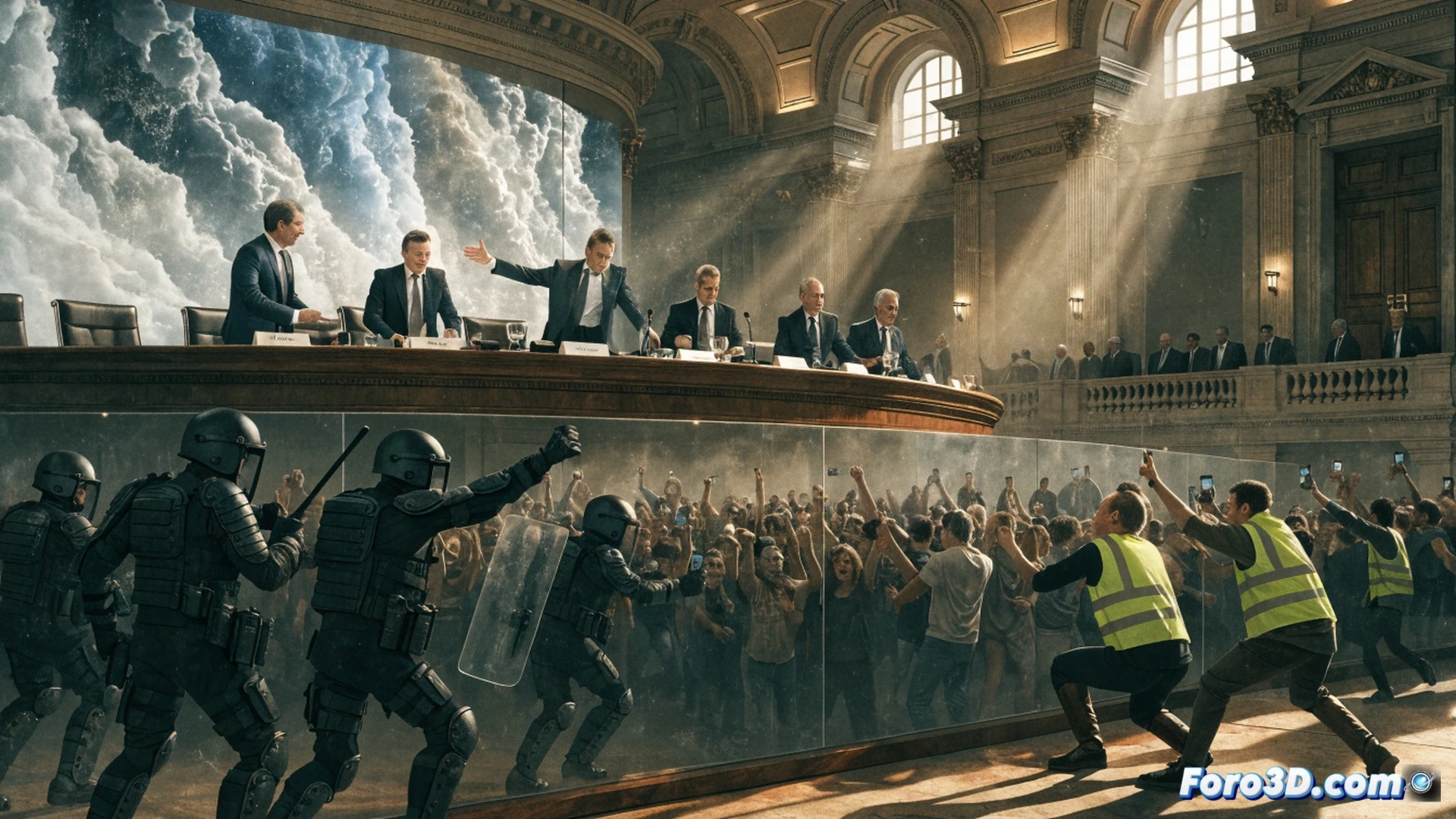 G7 summit hall with transparent glass walls, security forces pushing back climate protesters holding placards, while inside leaders sit at a polished table surrounded by digital screens showing melting glaciers and rising CO2 graphs, a police drone hovering overhead, contradictions highlighted by a cracked barrier between inside and outside, cinematic photorealistic style, dramatic chiaroscuro lighting, wide-angle lens, protesters’ hands pressing against glass, security shields reflecting conference room glow, ultra-detailed textures of suits and riot gear, tense action frozen in a single frame