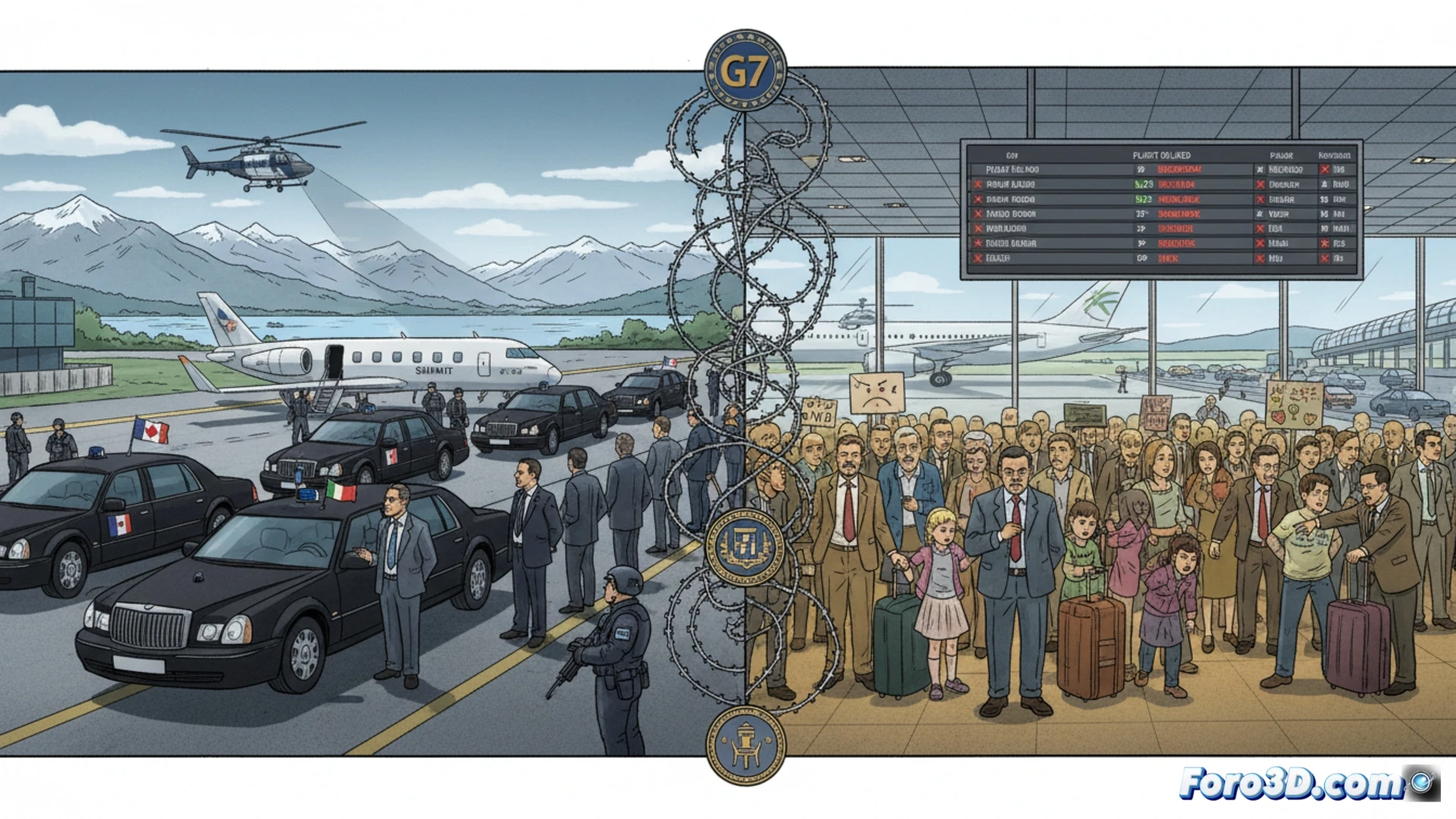 Cinematic aerial view of Geneva airport tarmac, border control officers checking passports at a temporary checkpoint near a private Gulfstream jet, a commercial airliner taxiing behind a queue of delayed cars on a congested road, protest banners waving near the terminal fence, security drones hovering above, photorealistic technical illustration, golden hour sunlight casting long shadows, metallic aircraft reflections, detailed runway markings, smoke from distant flares, high-contrast industrial lighting, ultra-sharp mechanical details