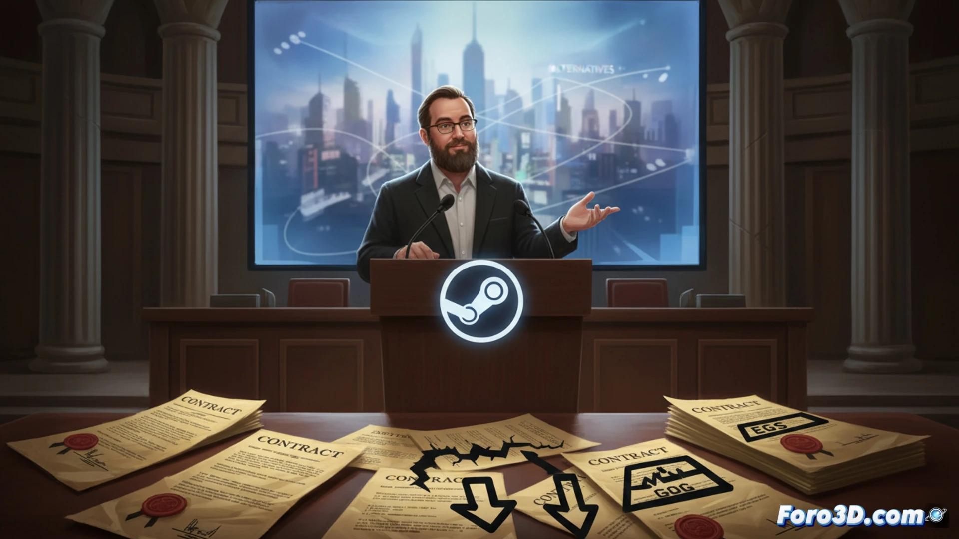 Steam storefront interface glowing on a monitor, a digital contract chain wrapping around a gavel and a price tag, chain links labeled with exclusivity clauses snapping shut around a game icon, while ghostly silhouettes of Epic and Xbox stores fade in the background, cinematic courtroom lighting, metallic reflections on the gavel, photorealistic technical illustration, dramatic shadows emphasizing the locked chain, ultra-detailed UI elements and contract text, high-contrast industrial aesthetic