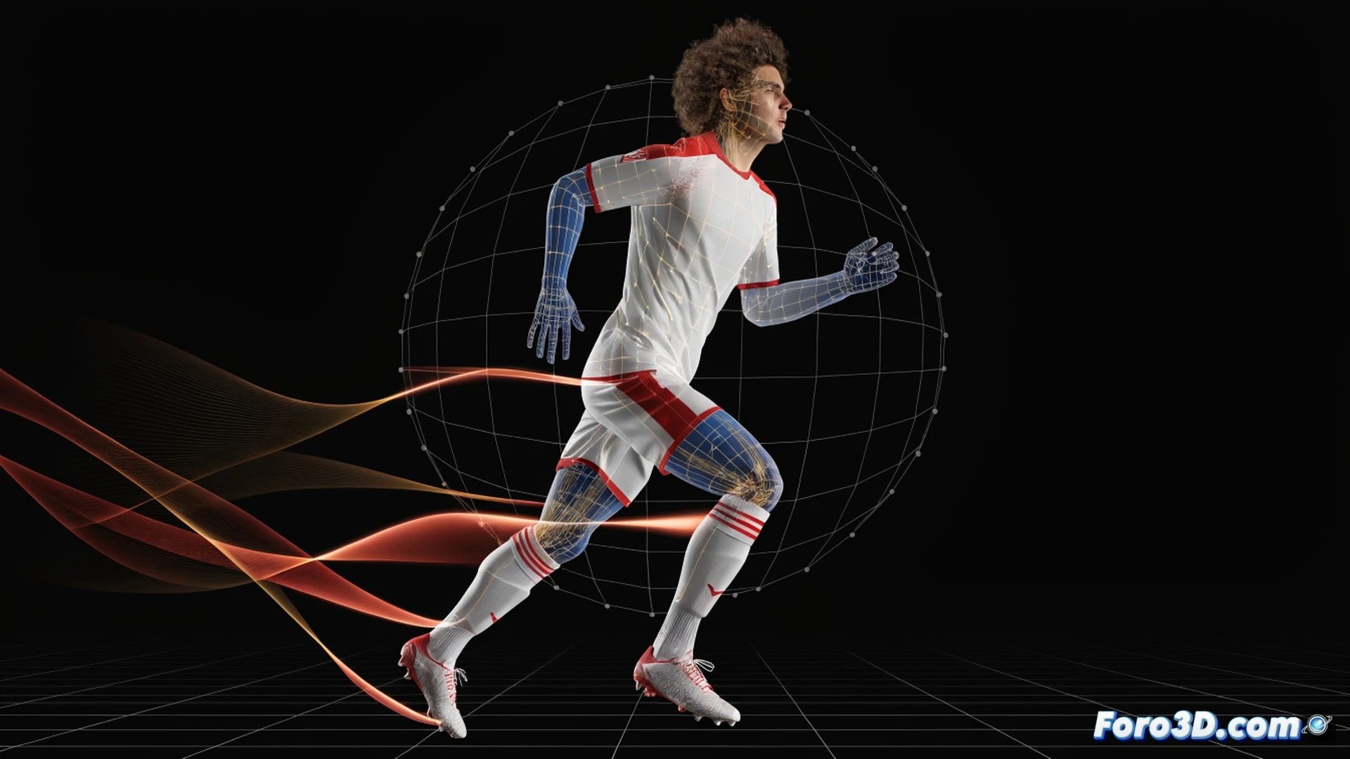 Three-dimensional tactical analysis of a midfielder breaking defensive lines, transparent ghost figure of player making a vertical run between two static opponent models, glowing trajectory line showing dribbling path through midfield, heatmap overlay on pitch showing final third positioning, cinematic engineering visualization style, semi-transparent tactical grid on green field, soft stadium lighting with dramatic shadows, photorealistic human anatomy with technical wireframe overlay, motion blur on the attacking player while defenders remain sharp, detailed synthetic turf texture, professional sports analysis aesthetic